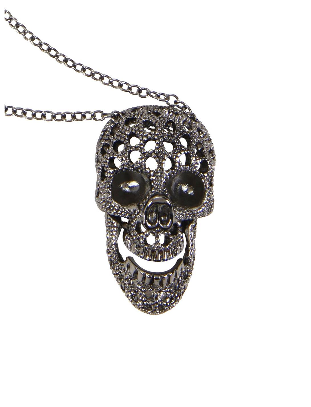 Hematite Perforated Skull Necklace, , hi-res