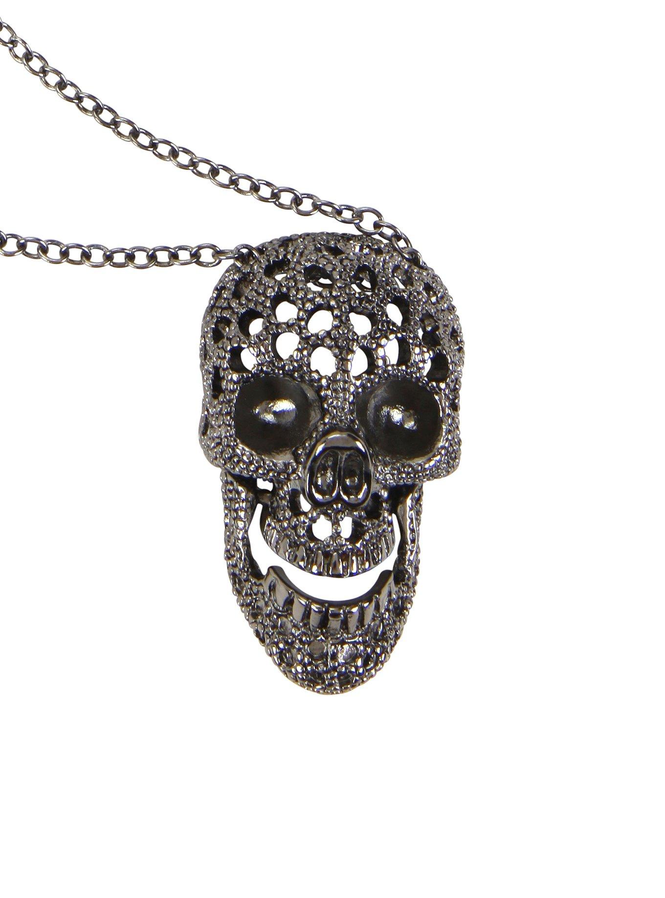 Hematite Perforated Skull Necklace, , hi-res