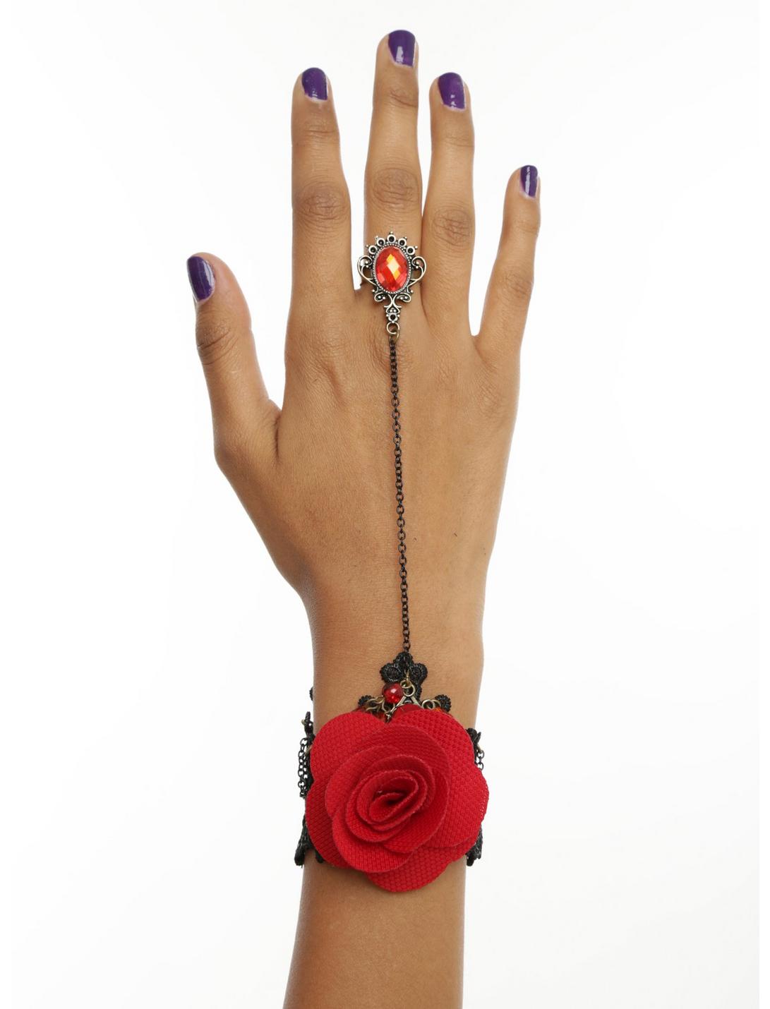 Red Rose & Gem Black Lace Ring Bracelet, , hi-res