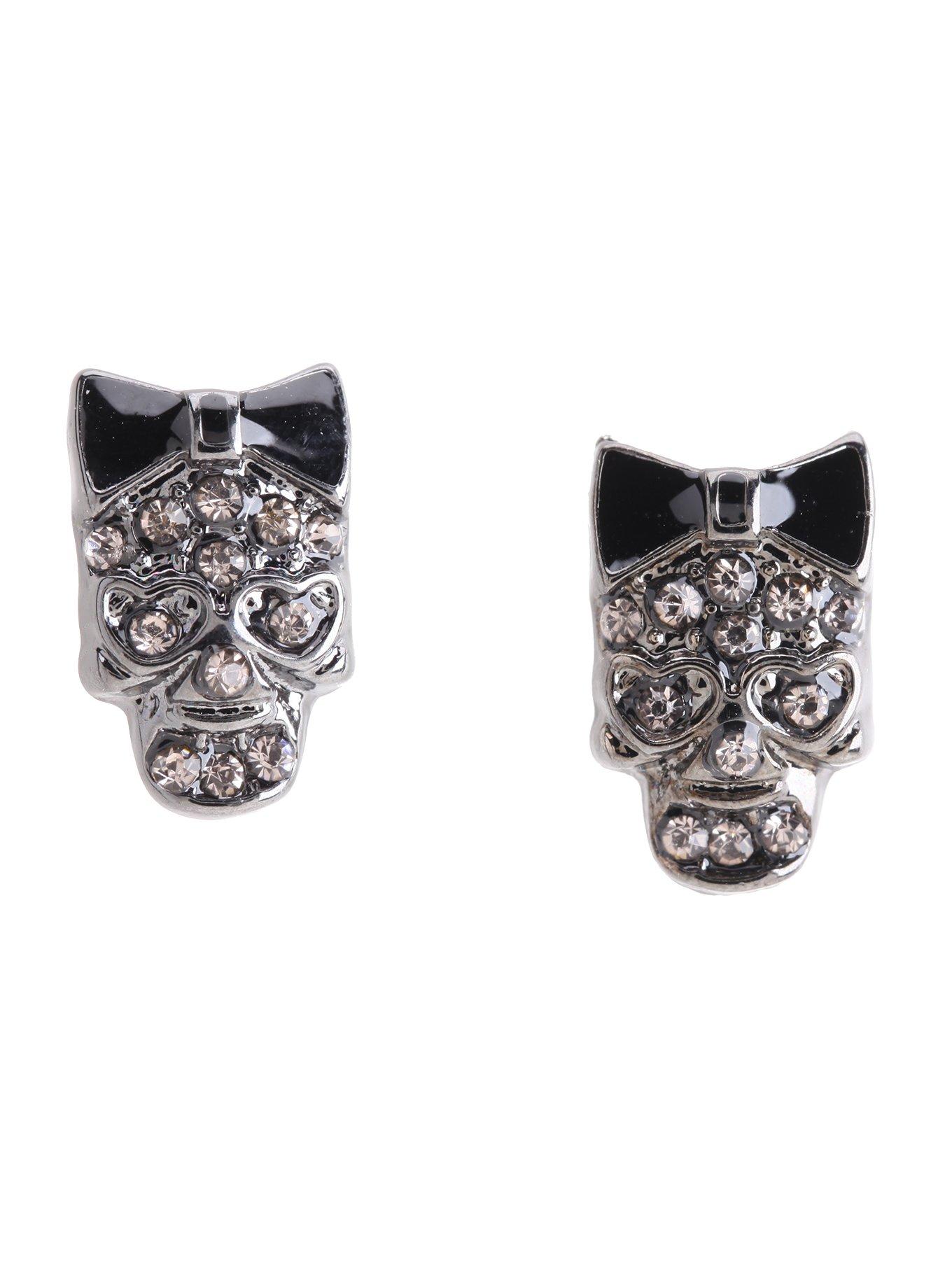 Hematite Bow Skull Earrings, , hi-res