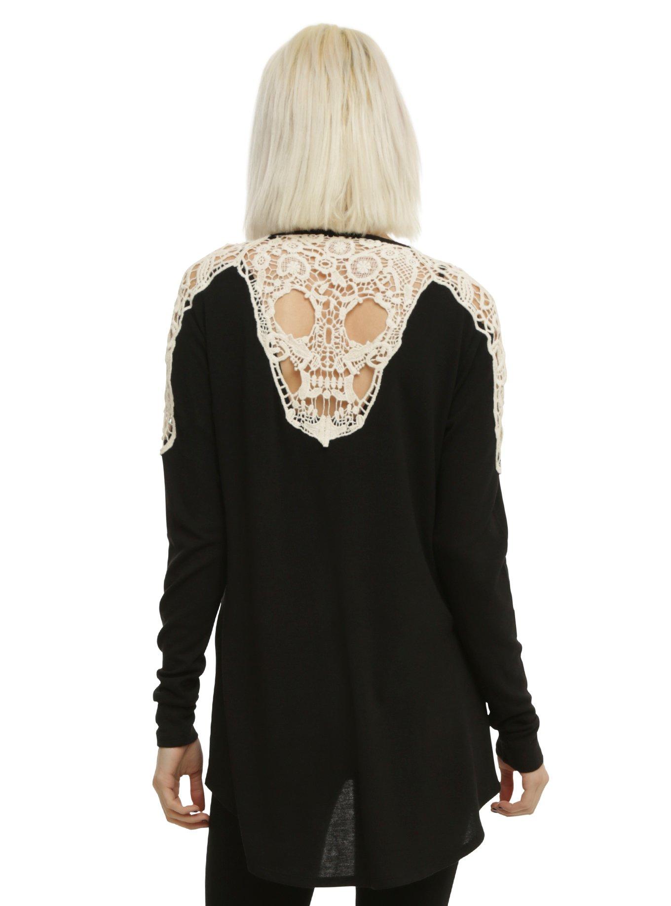 Black & Ivory Crochet Skull Girls Cardigan, BLACK, hi-res