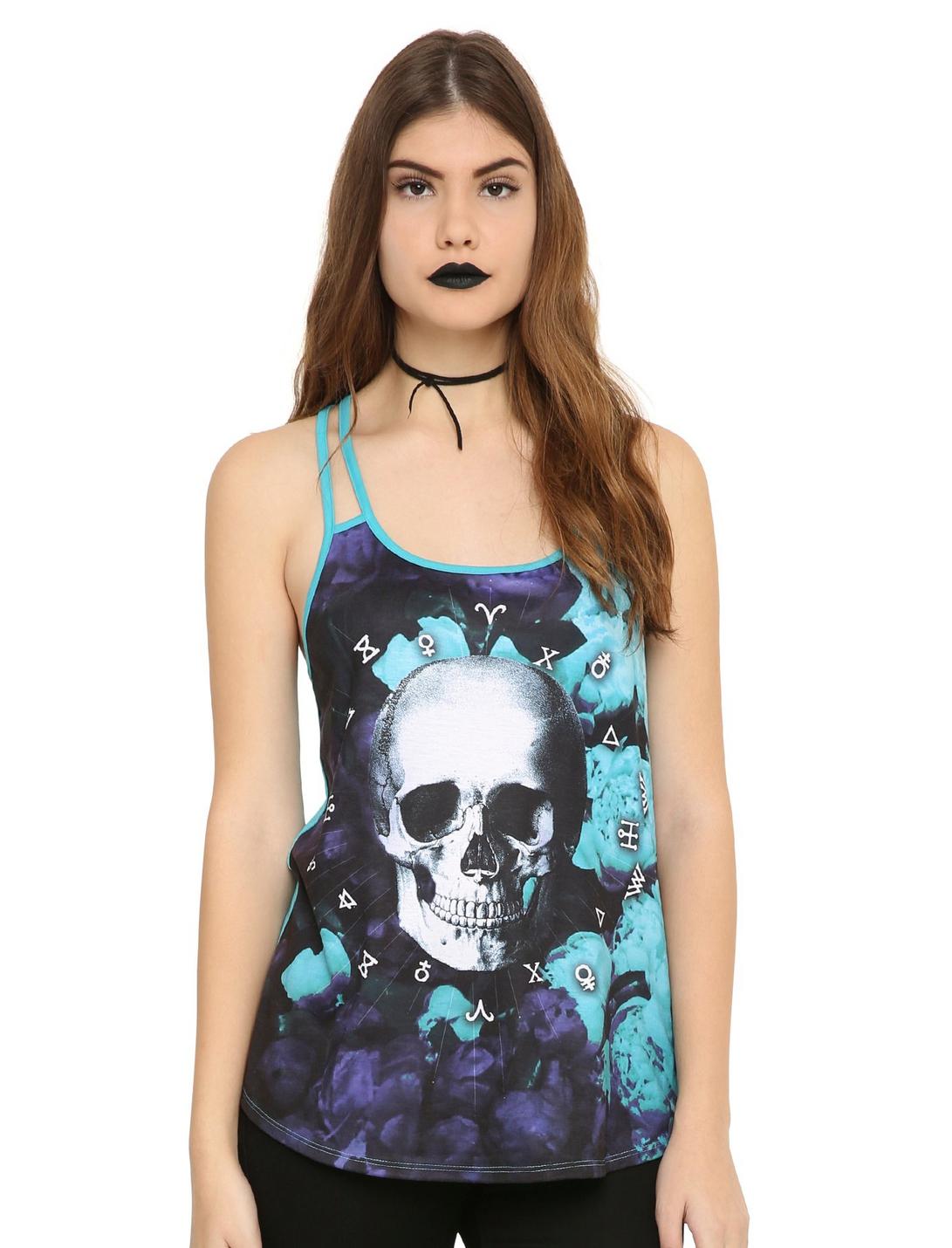 Turquoise Celestial Skull Double Strap Girls Tank Top, TURQUOISE, hi-res