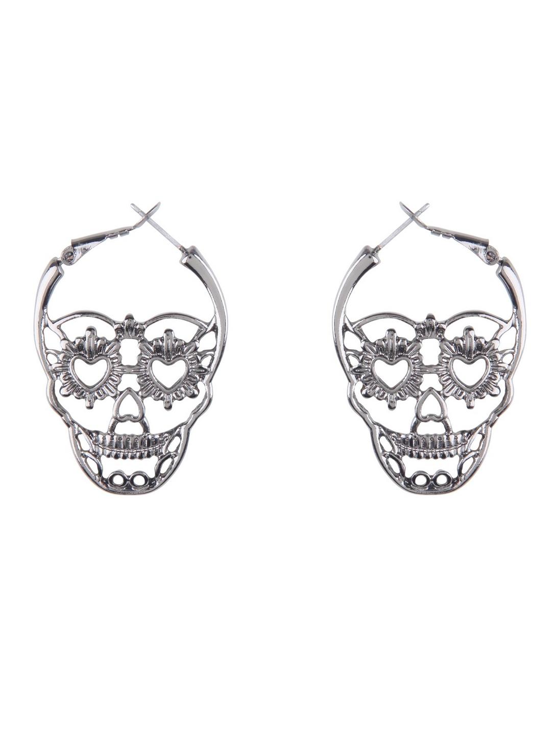 Hematite Sugar Skull Hoop Earrings, , hi-res