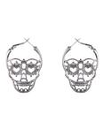 Hematite Sugar Skull Hoop Earrings, , hi-res