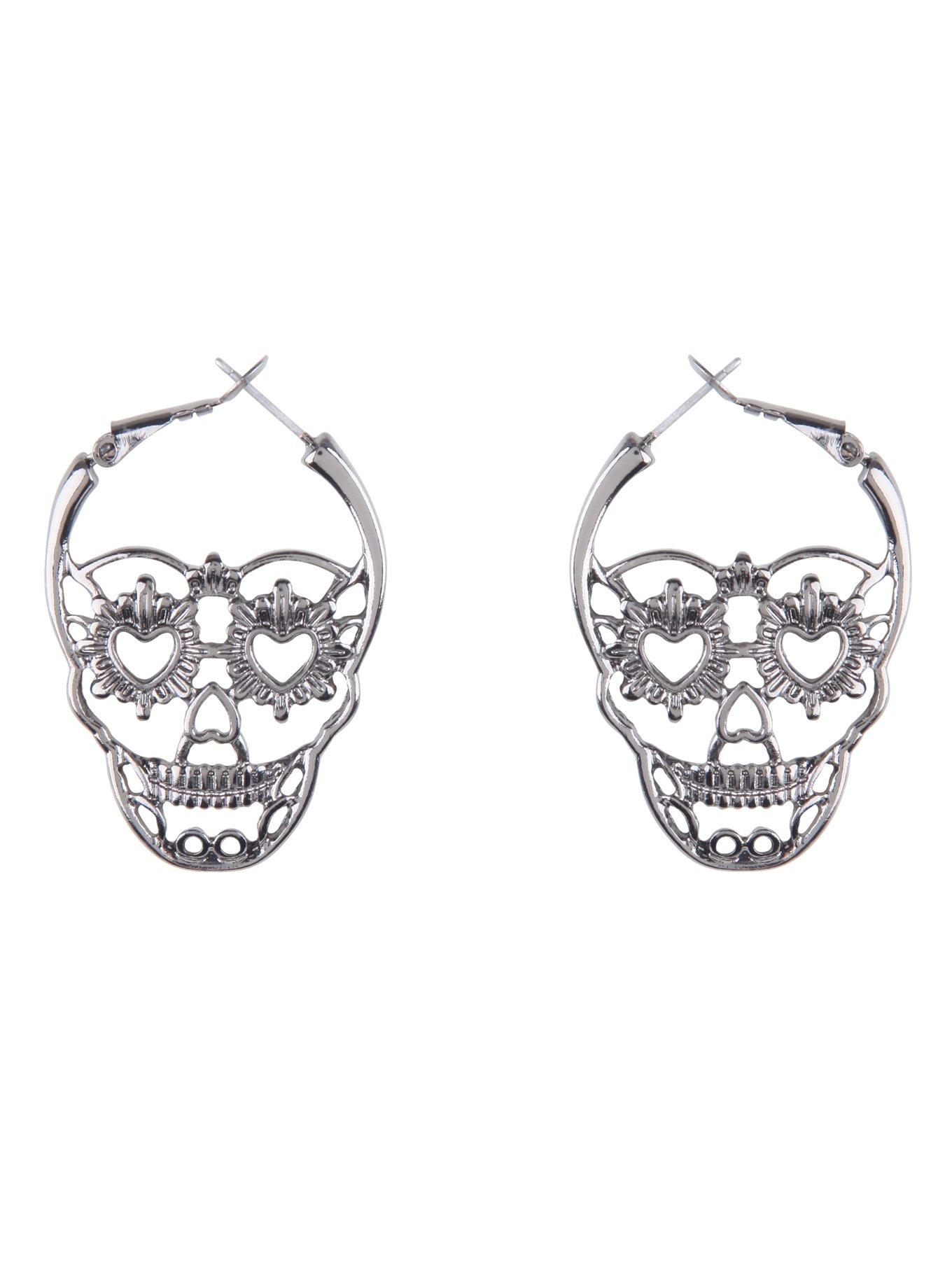 Hematite Sugar Skull Hoop Earrings, , hi-res