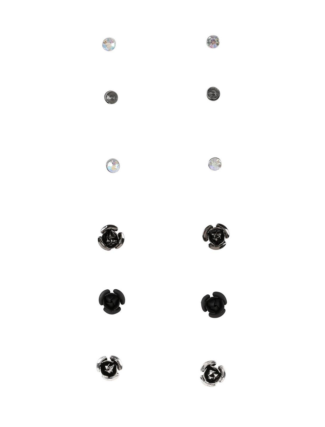 Silver Hematite Black Floral Earrings Set, , hi-res