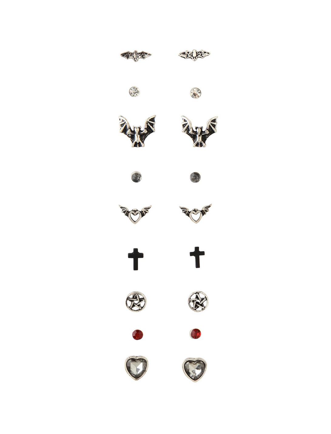 Bat Pentagram Heart Earrings 9 Pair, , hi-res