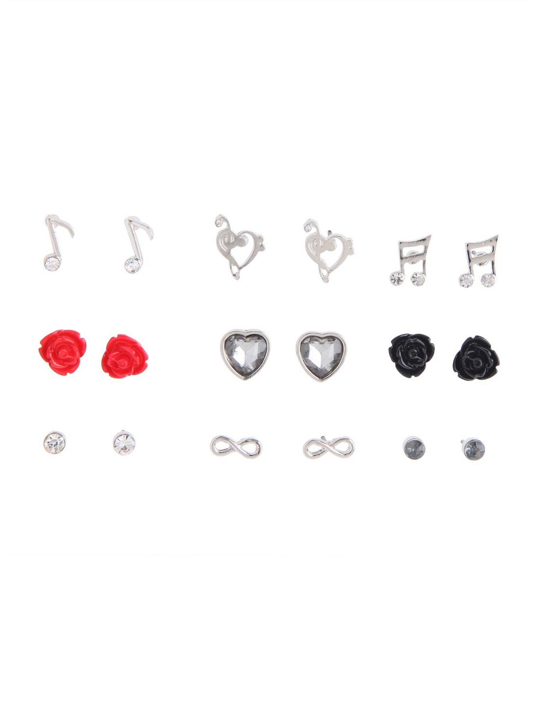 Music Note & Rose Earrings 9 Pair, , hi-res