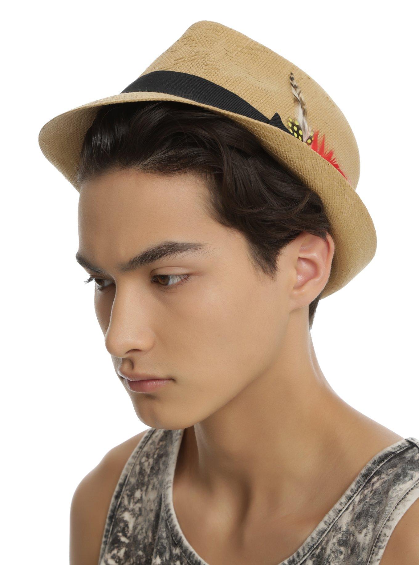 Feather Banded Straw Fedora Hat, , hi-res