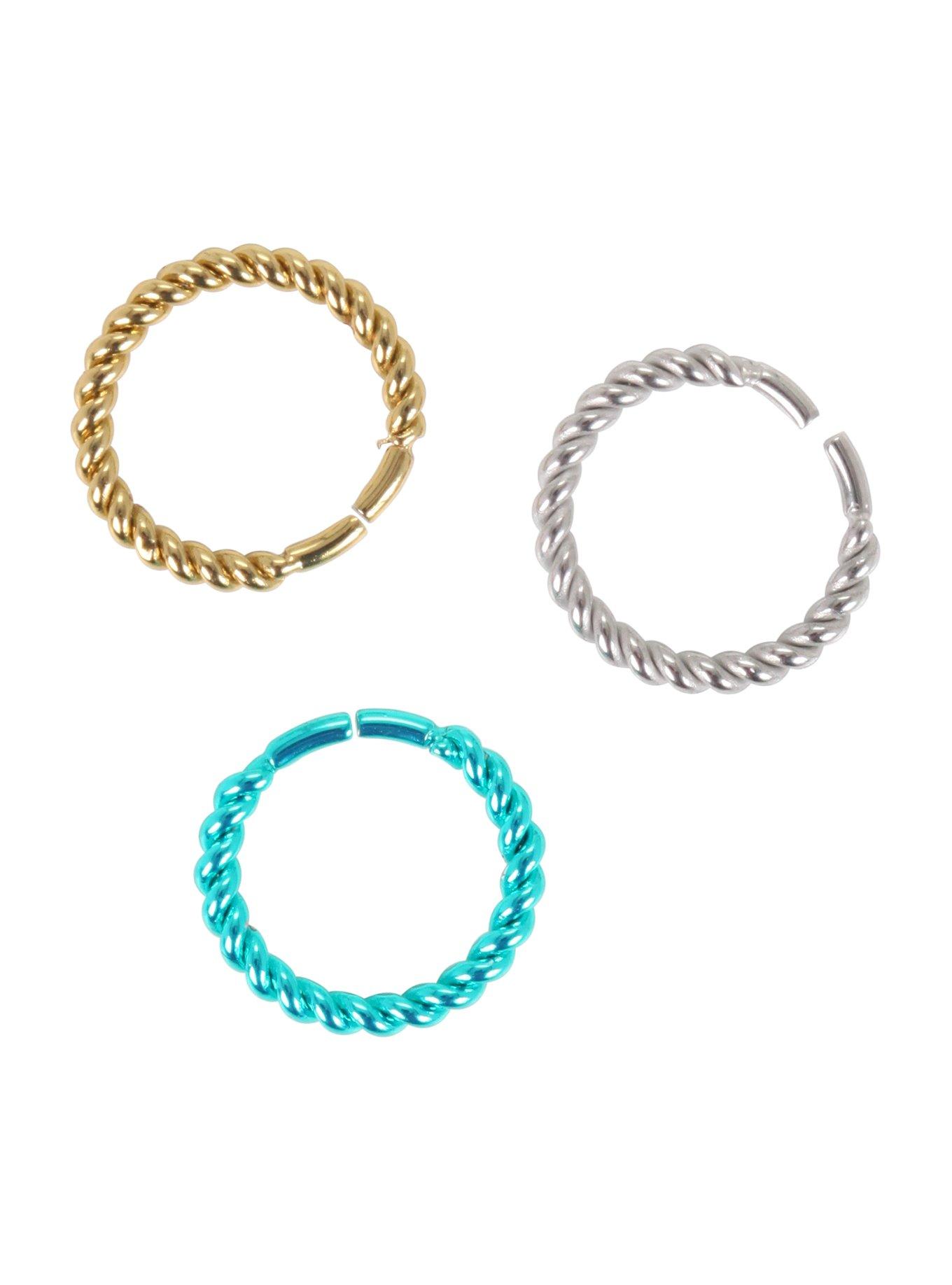 Steel Gold Silver & Teal Textured Nose Hoop 3 Pack, , hi-res