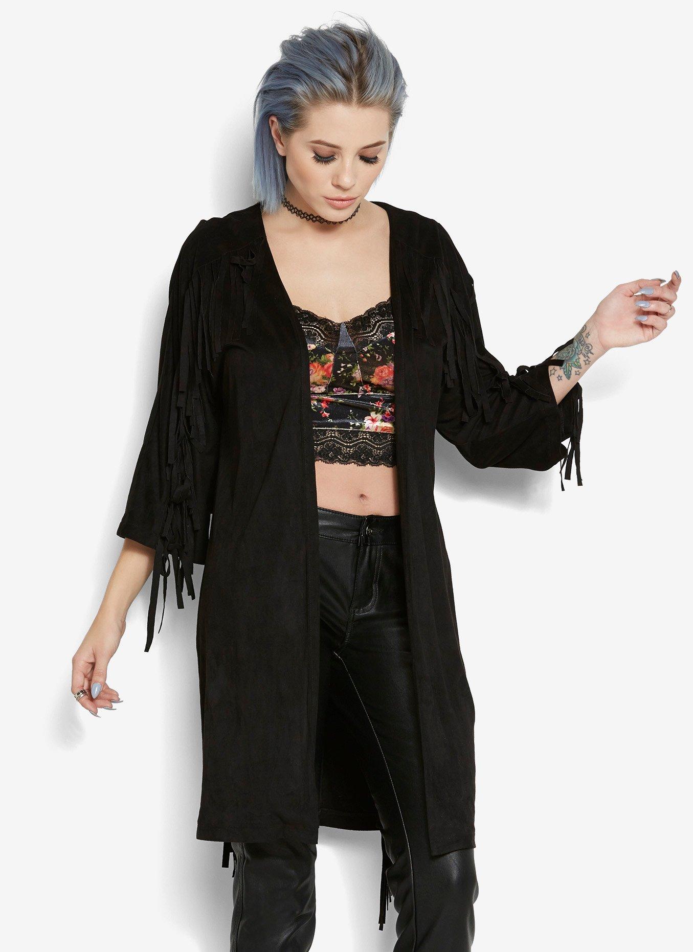 Faux suede fringe cardigan hotsell