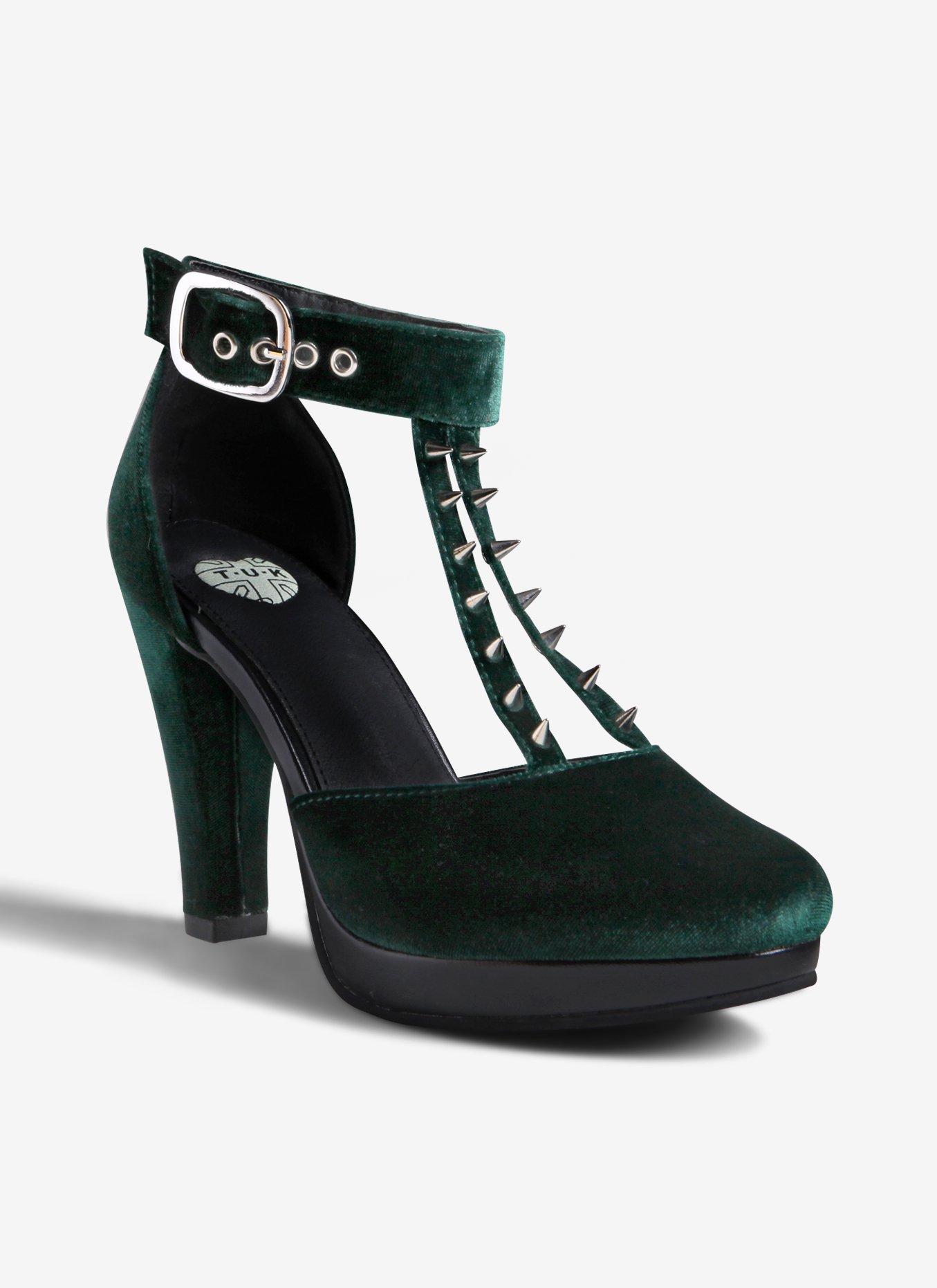 T.U.K. Spiked Green Velvet Heel, GREEN, hi-res