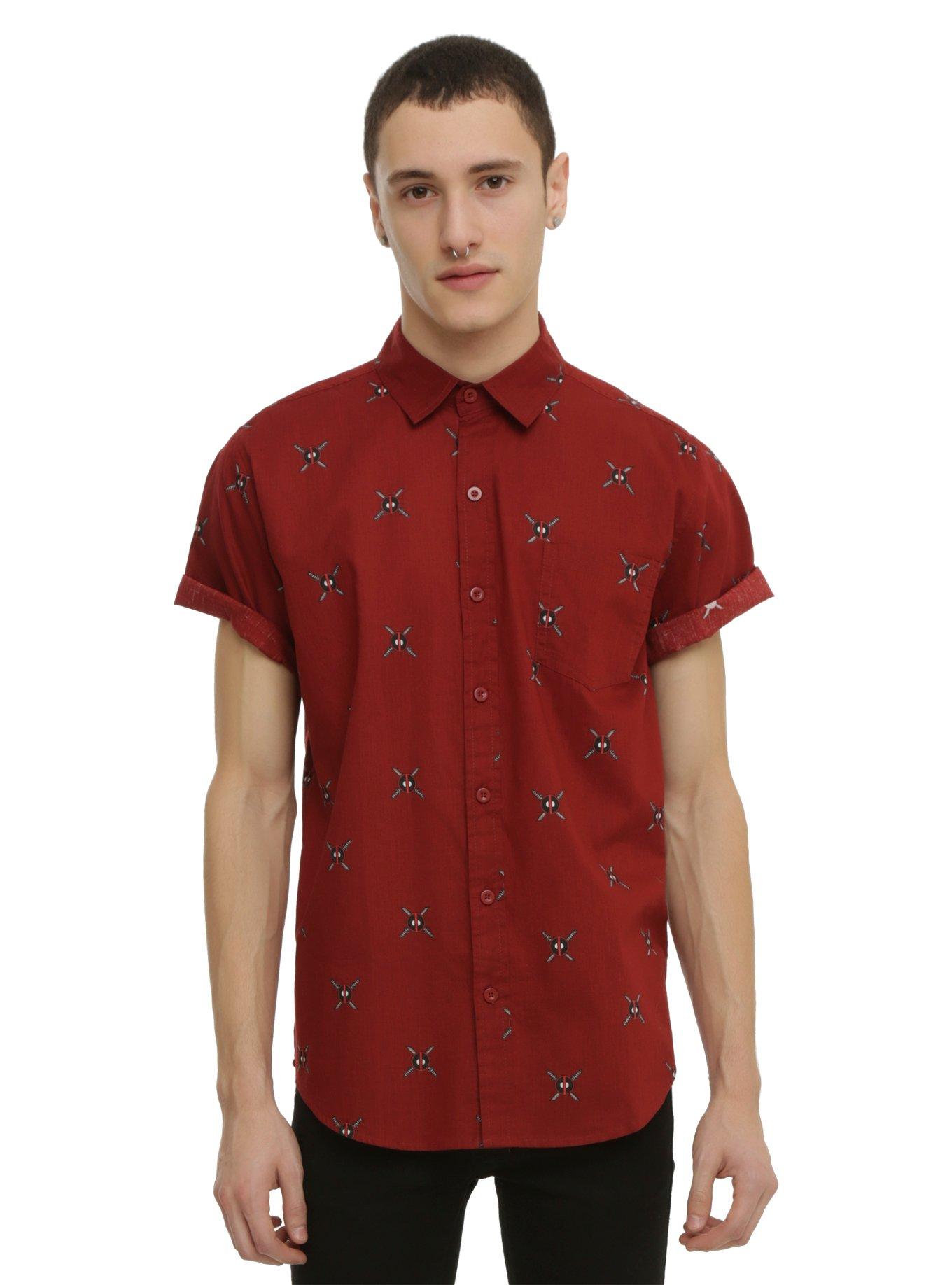 Marvel Deadpool Print Short-Sleeved Woven Button-Up, BURGUNDY, hi-res