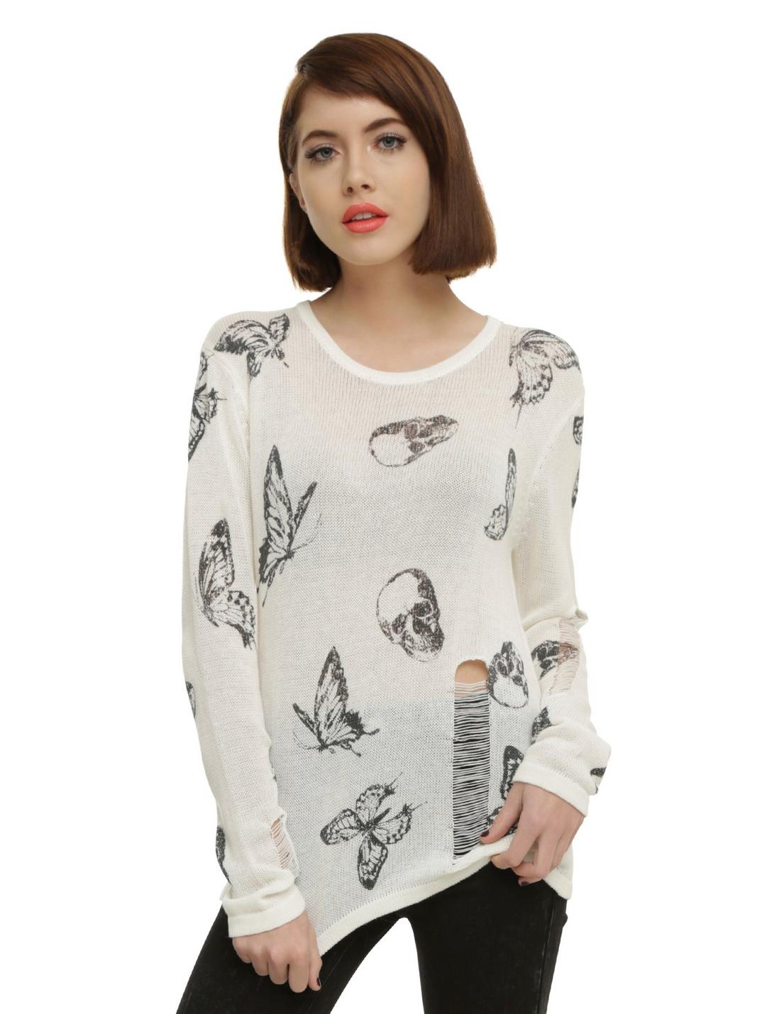 Ivory Skull & Butterfly Girls Sweater, IVORY, hi-res