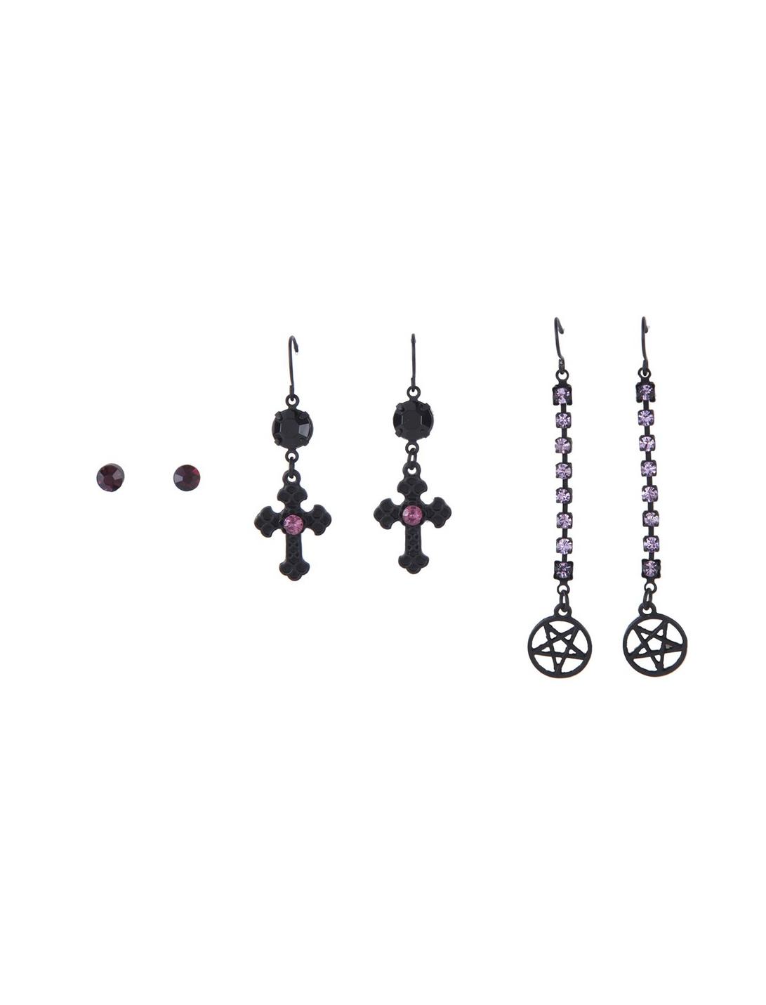 Black & Purple Pentagram Earrings Set, , hi-res