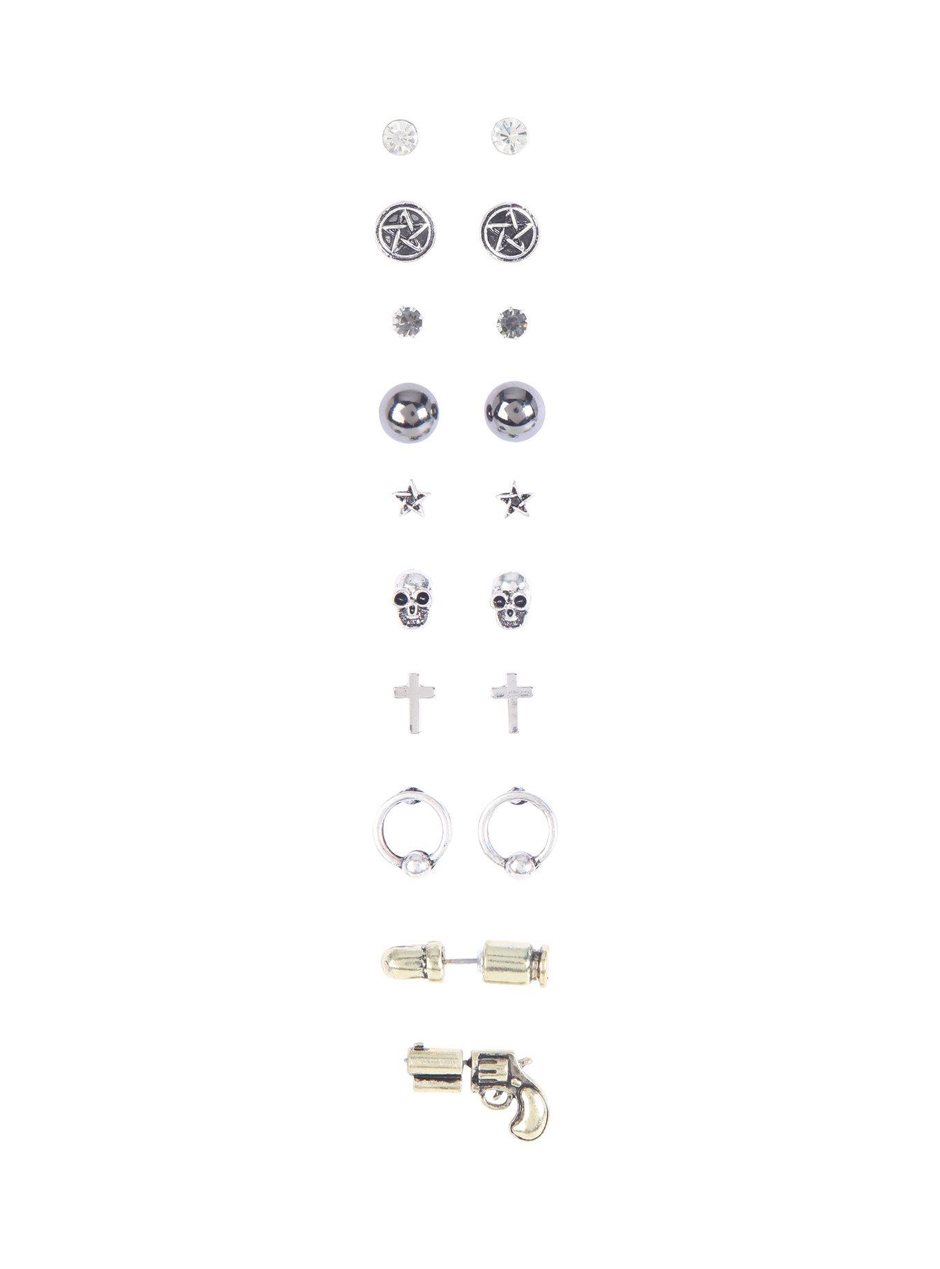 Skull Gun Stud Earrings 9 Pair Hot Topic