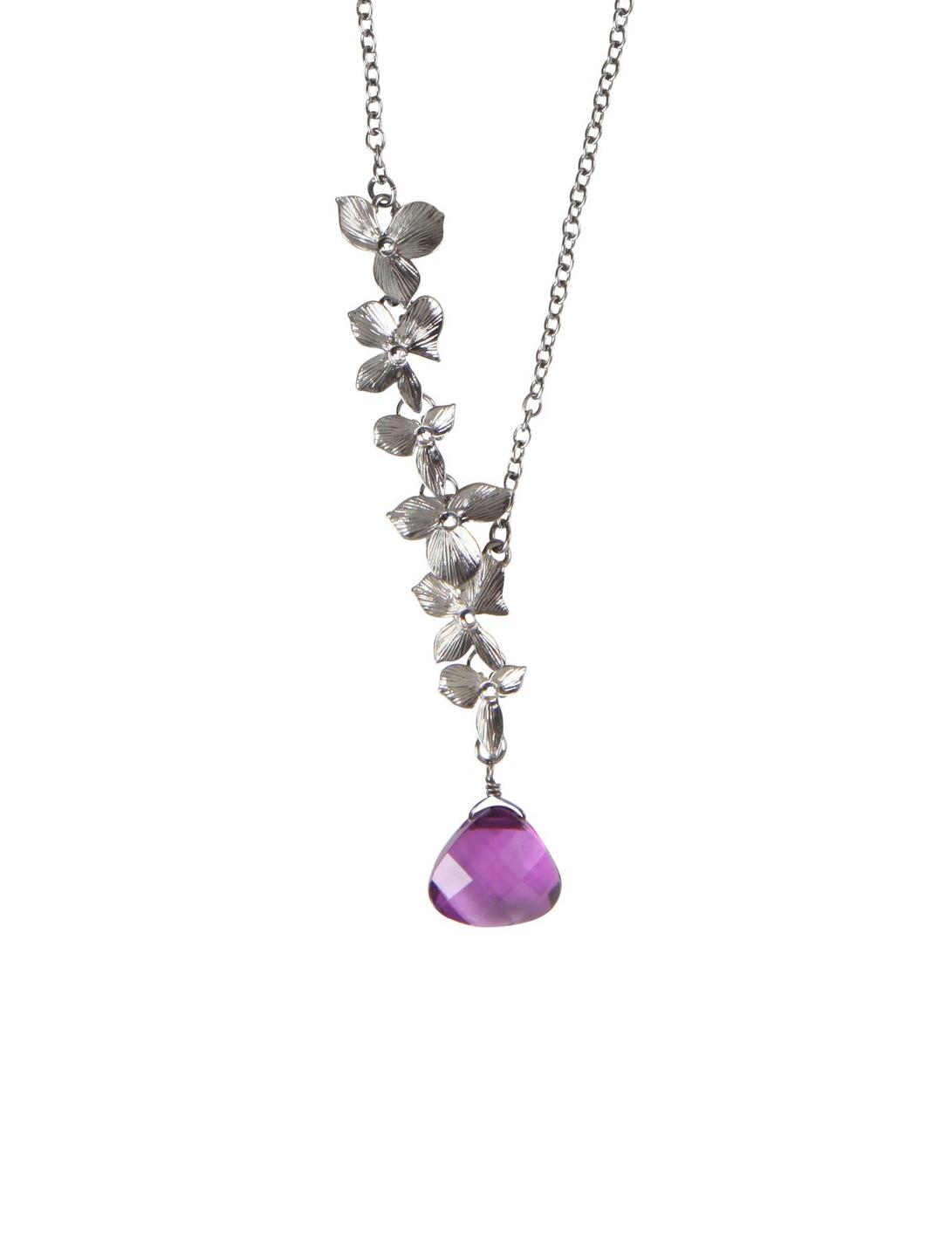 Hematite Floral Purple Gem Lariat Necklace, , hi-res