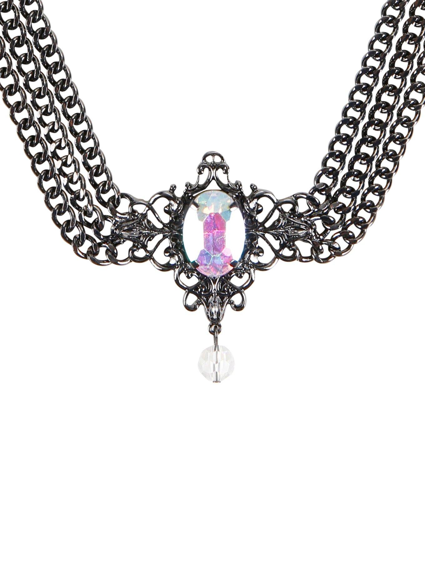 Hematite 3 Chain Iridescent Stone Necklace, , hi-res