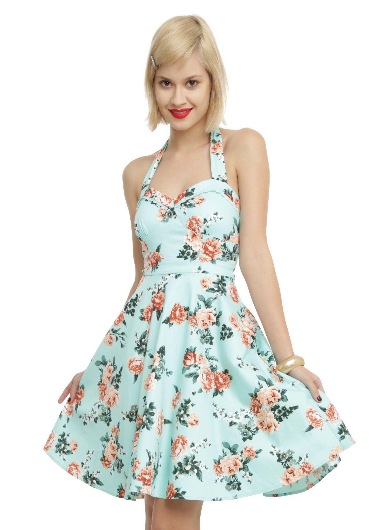 Mint Floral Halter Dress, BLUE, hi-res