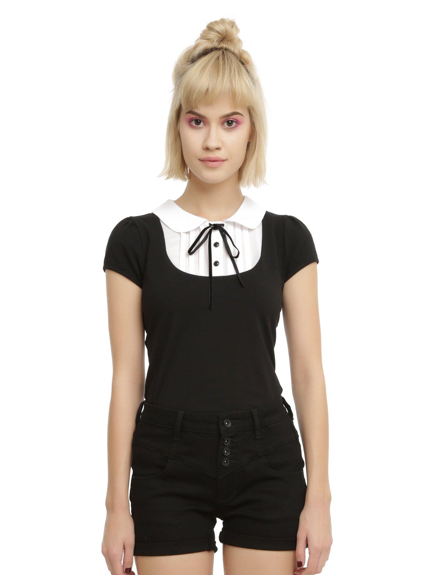 Black & Ivory Pintuck Collar Girls Top, BLACK, hi-res