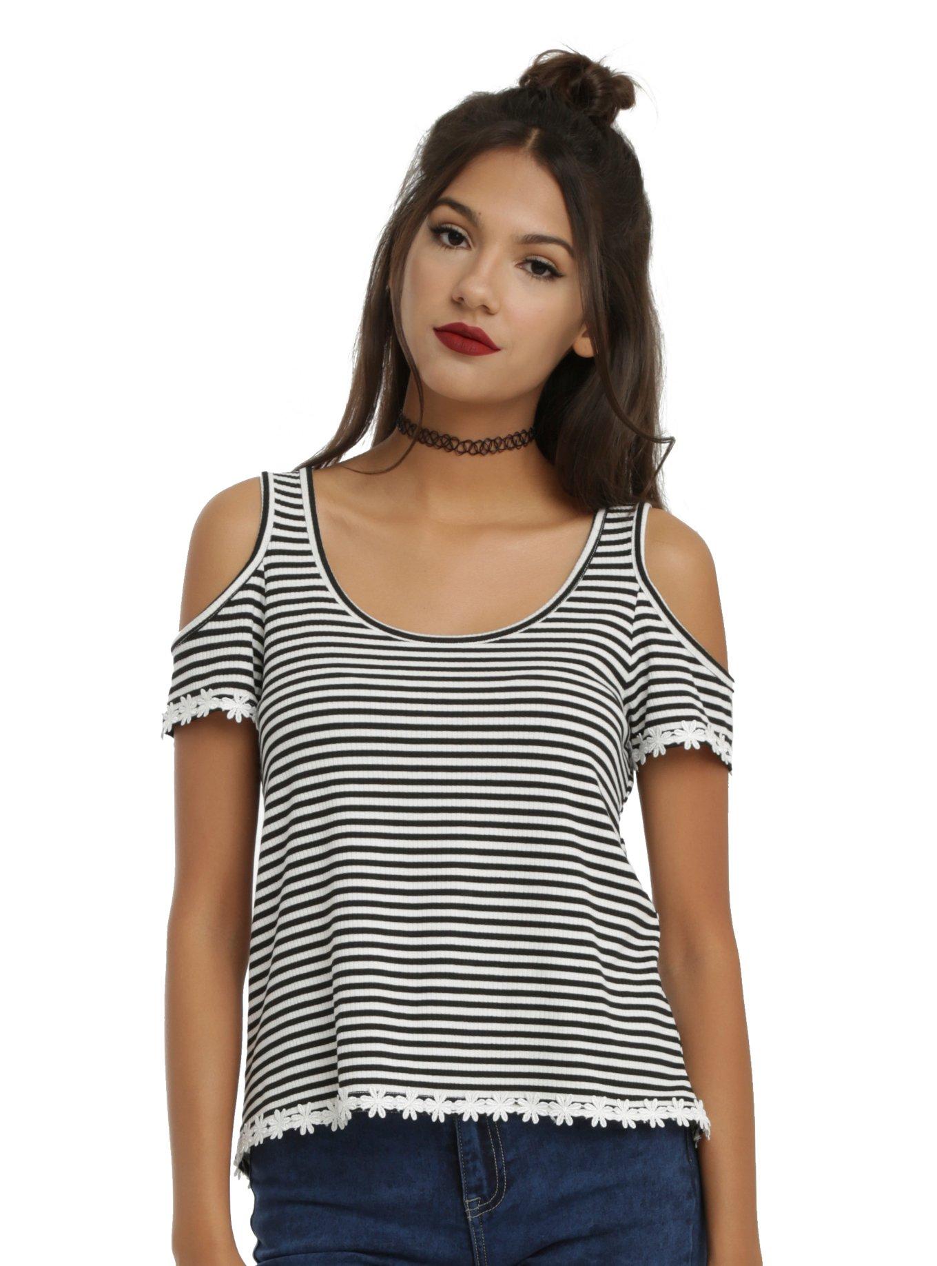 Black & White Stripe Girls Cold Shoulder Top, GREY, hi-res