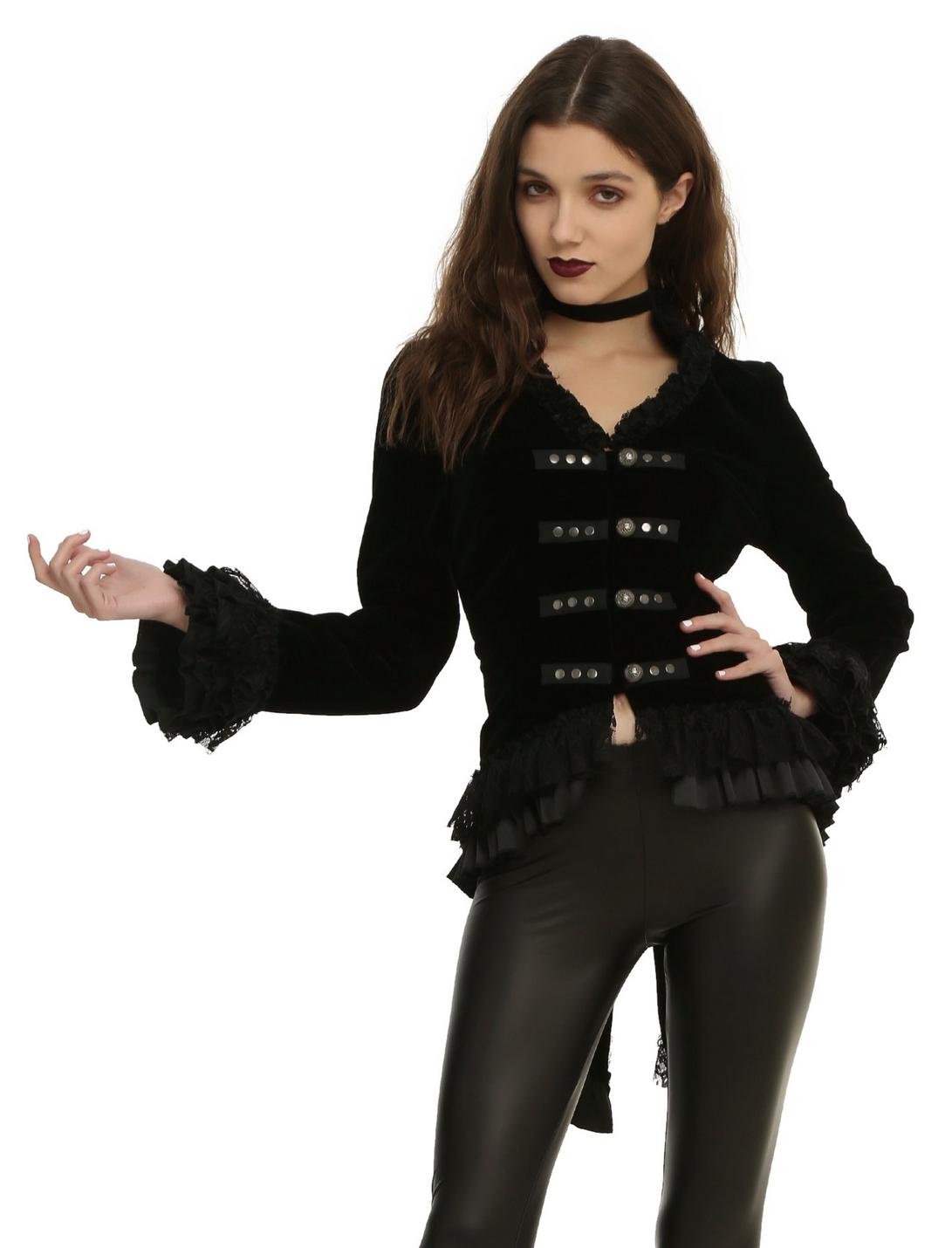 Black Velvet Lace-Up Girls Tailcoat Jacket, BLACK, hi-res