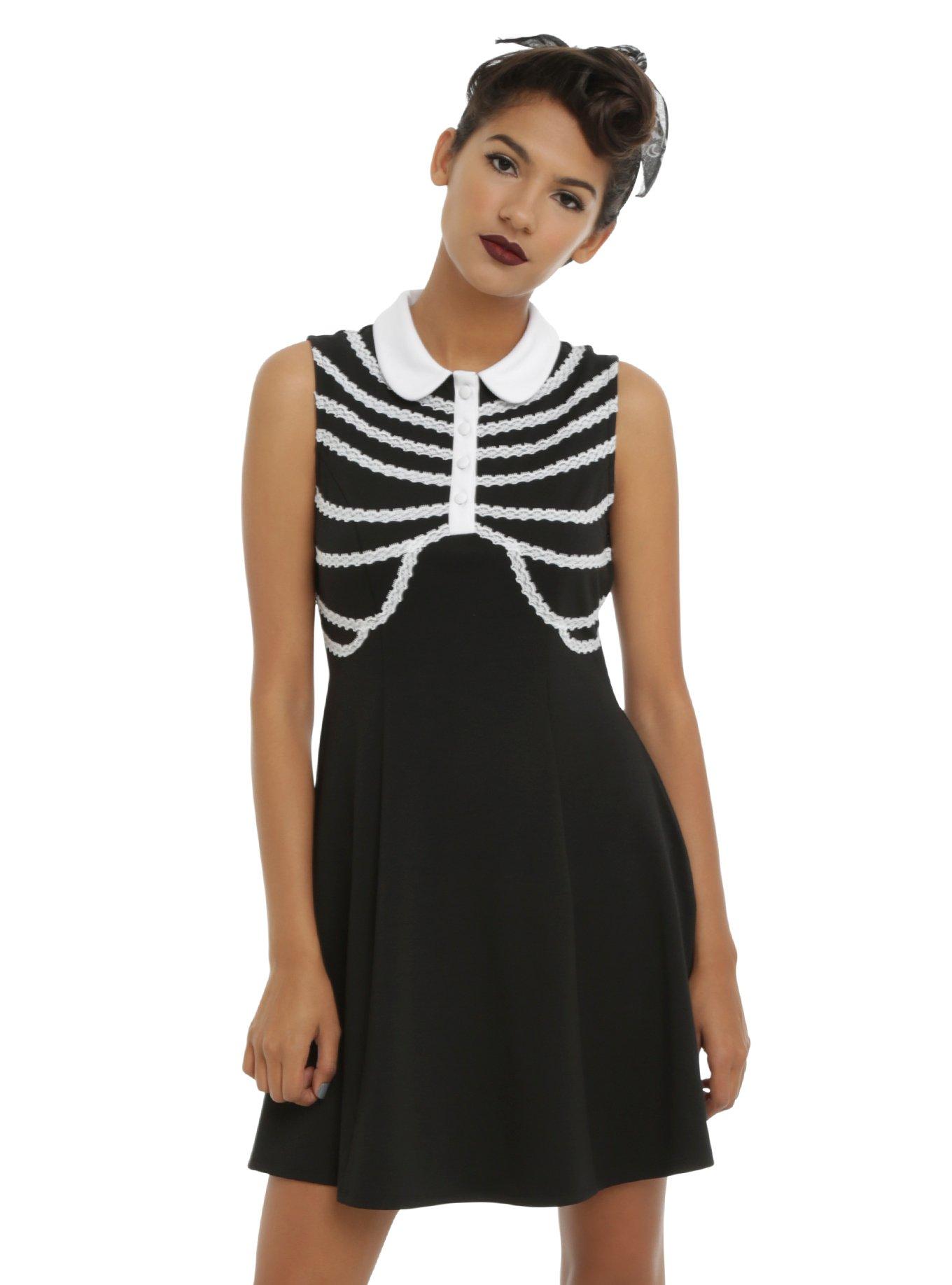 Rib Cage Collar Sleeveless Dress, BLACK, hi-res