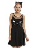 Black Kitty Cat Sleeveless Skater Dress, BLACK, hi-res