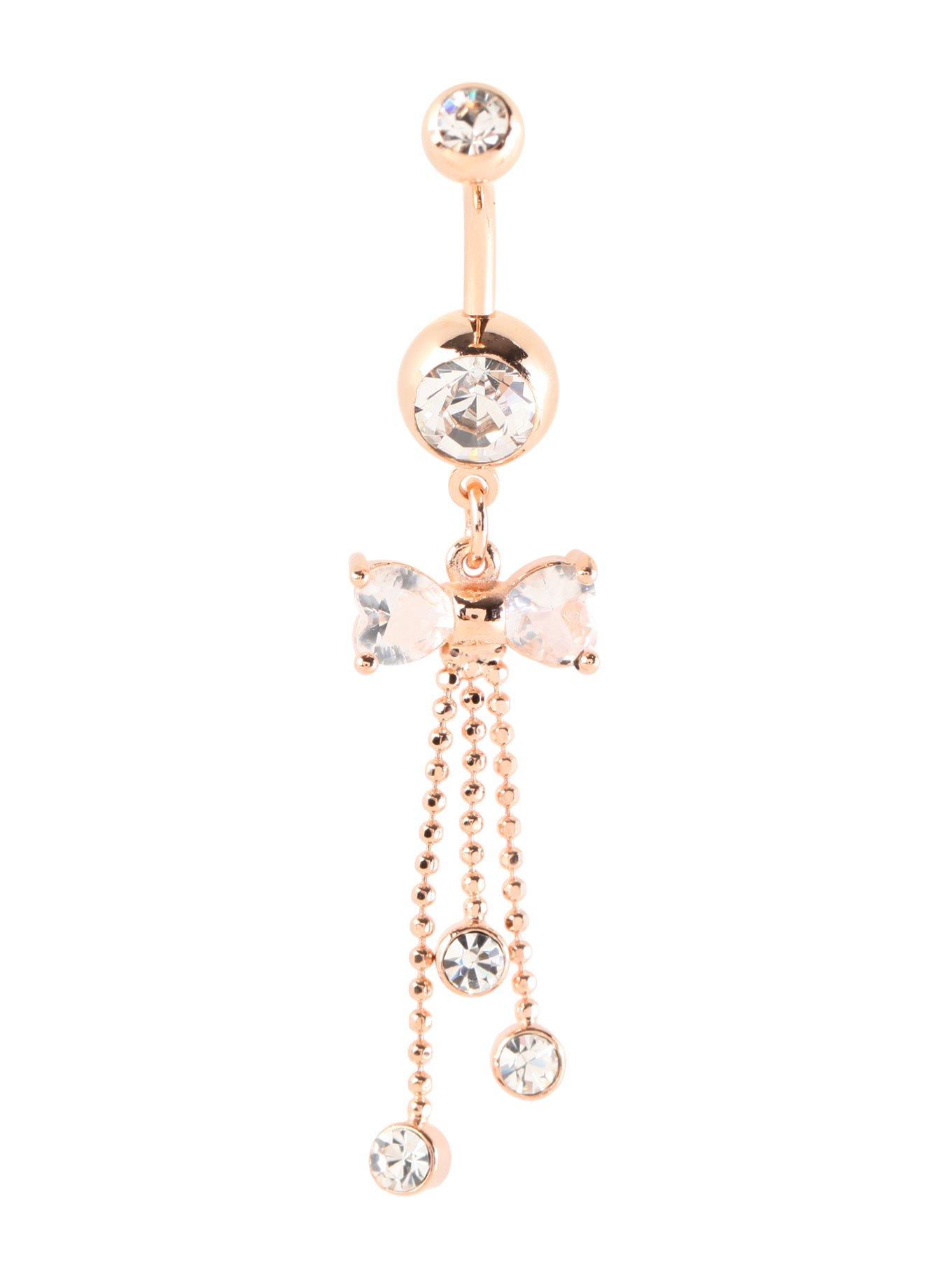 14G Steel Rose Gold Bow Dangle Navel Barbell, , hi-res