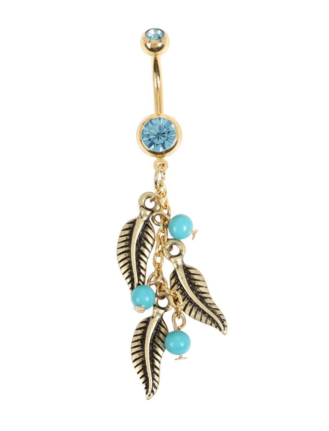 14G Steel Gold Turquoise Feather Drop Navel Barbell, , hi-res