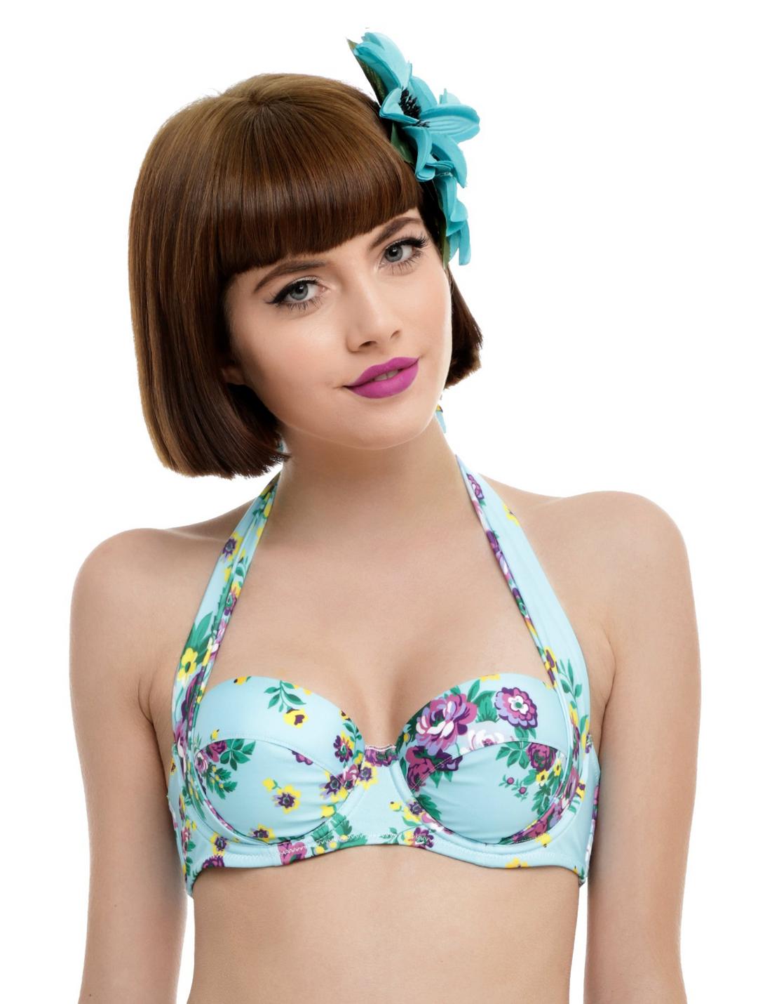 Hell Bunny Turquoise Floral Swim Top, BLACK, hi-res