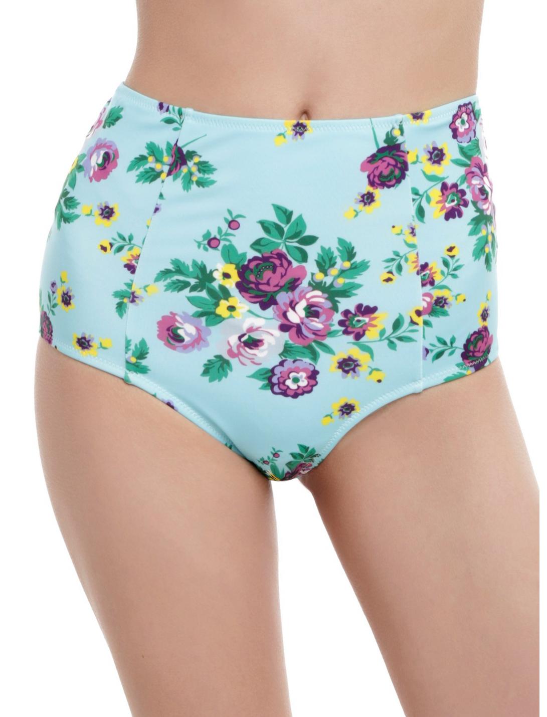 Hell Bunny Turquoise Floral Swim Bottoms, BLACK, hi-res