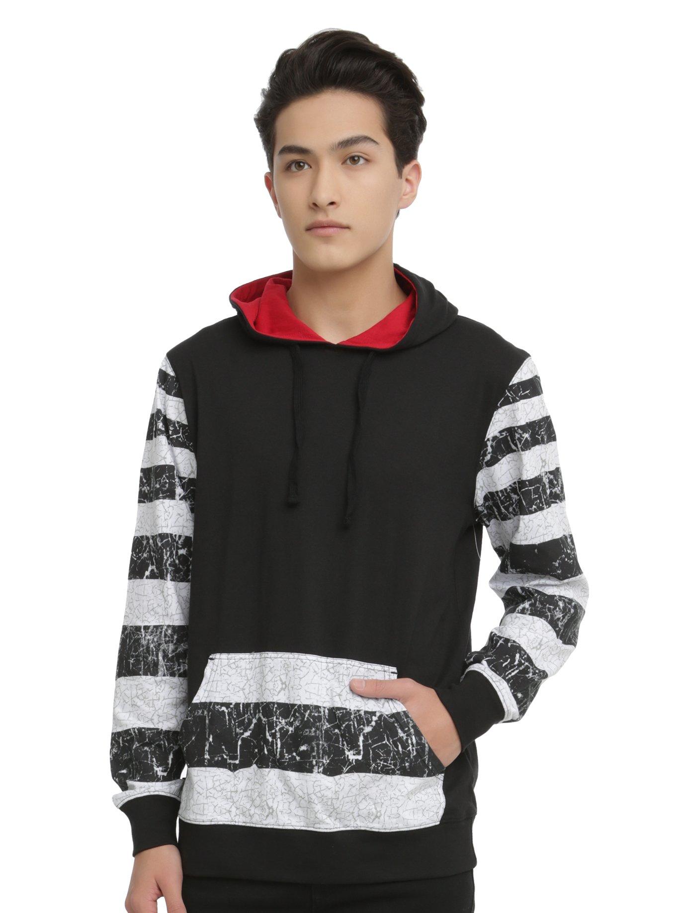 XXX RUDE Distressed Stripe Pullover Hoodie, WHITE, hi-res