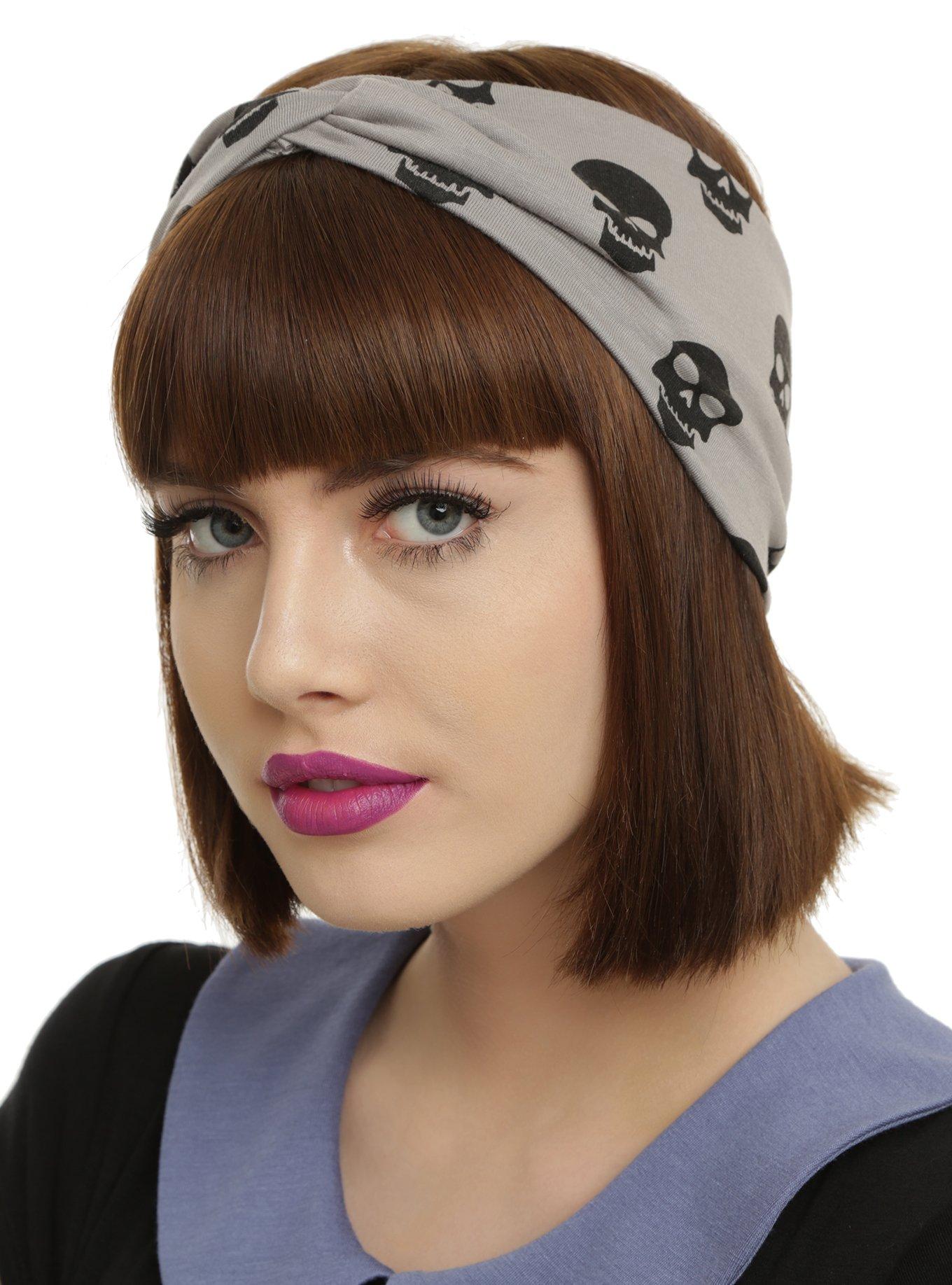 Grey Black Skull Stretch Headband, , hi-res
