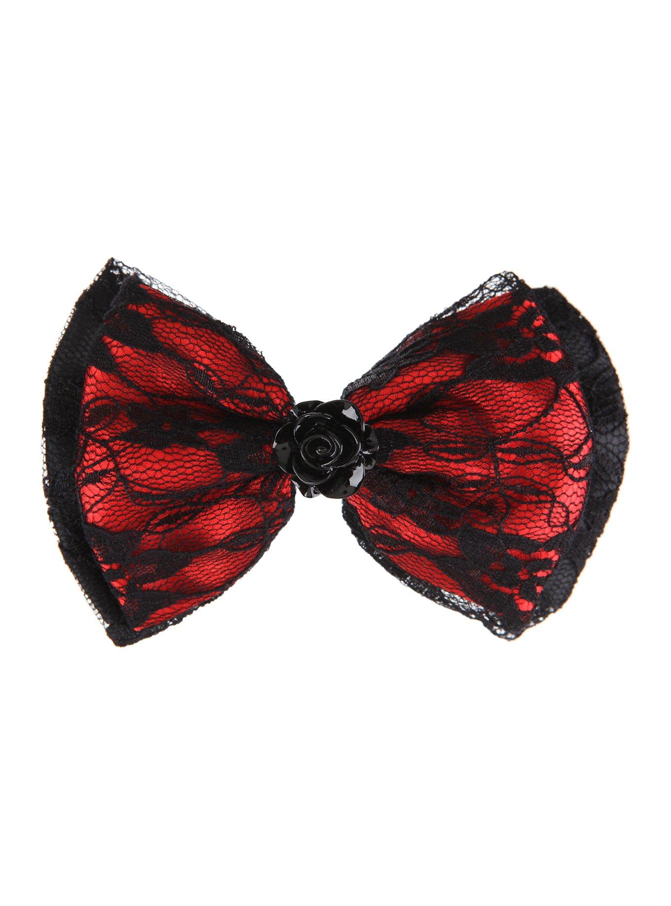 Black & Red Lace Rose Hair Bow, , hi-res