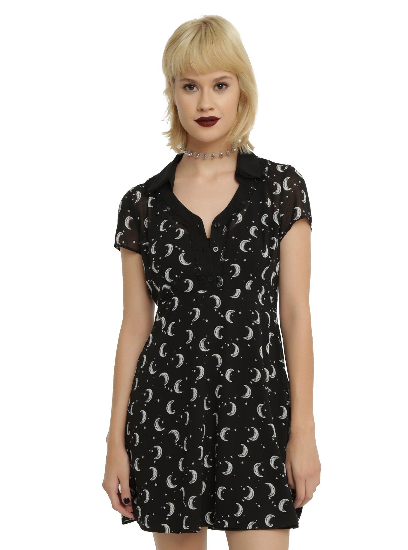 Black Moon & Stars Chiffon Dress, BLACK, hi-res
