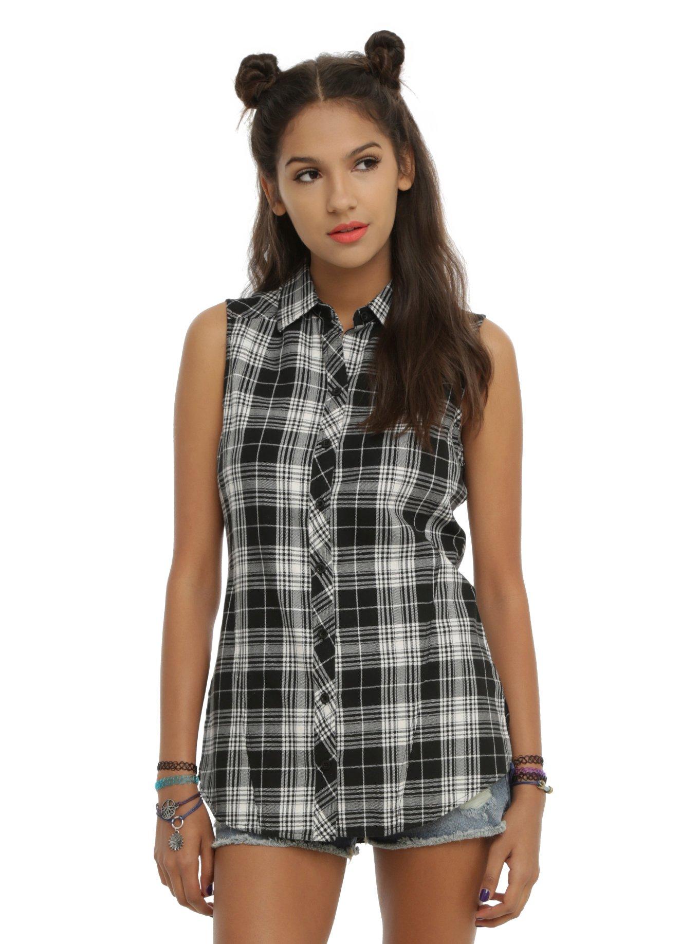 Black & White Plaid Girls Sleeveless Woven Button-Up, BLACK, hi-res