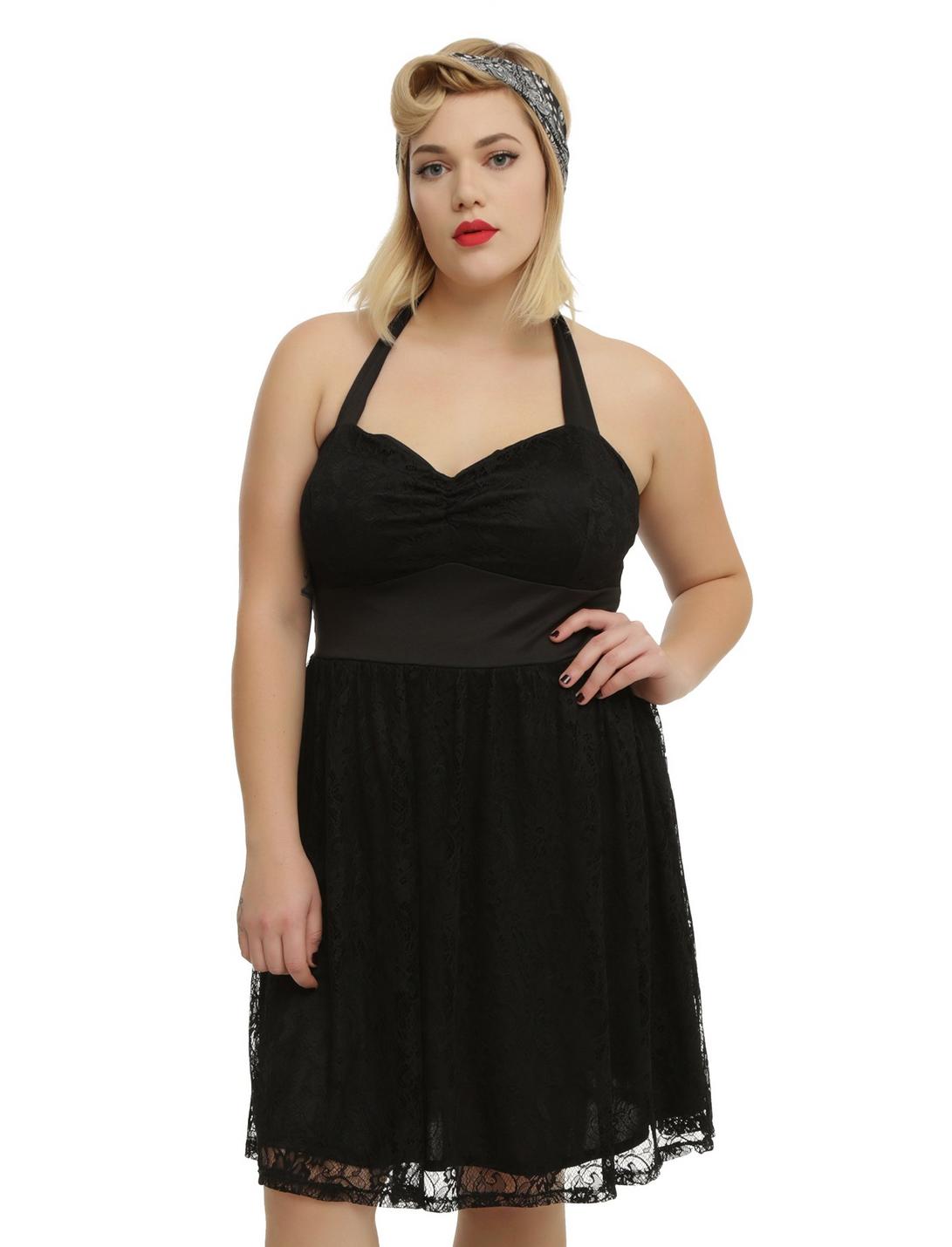 Black Lace Halter Dress Plus Size, BLACK, hi-res