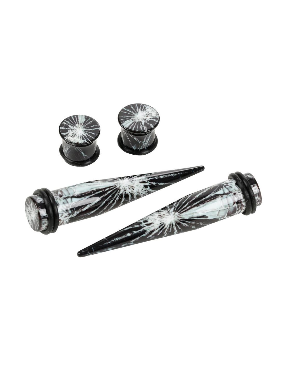 Acrylic Black Cracked Glass Taper And Plug 4 Pack, BLACK, hi-res