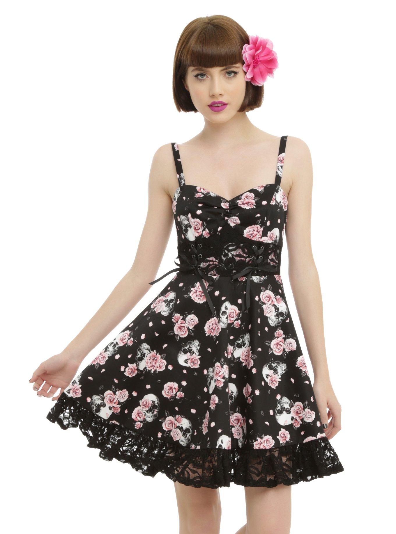 Black & Pink Skull Rose Lace-Up Dress, BLACK, hi-res