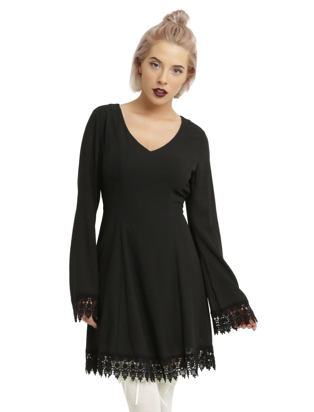Black Long Crochet Bell Sleeve Dress, BLACK, hi-res