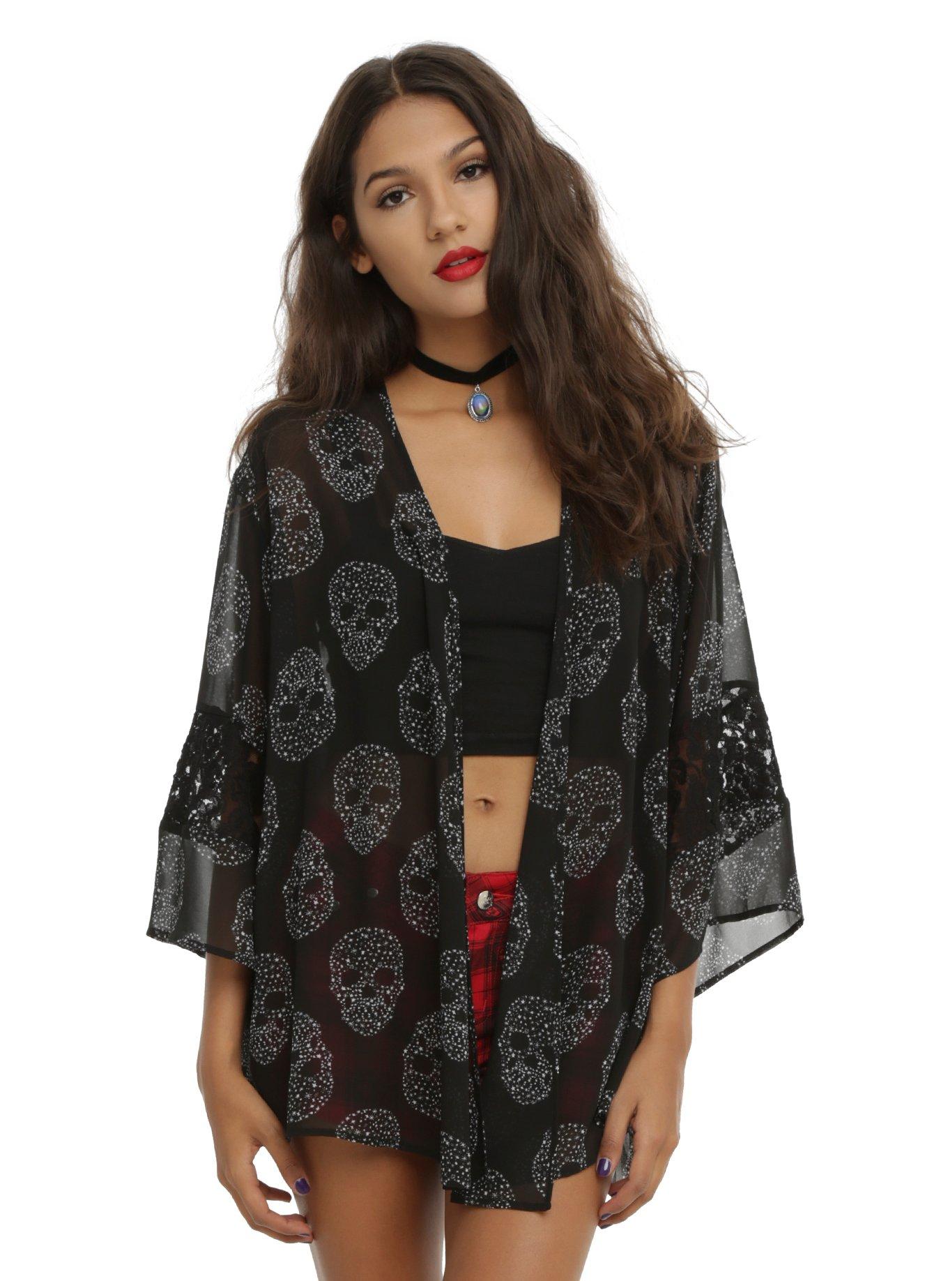 Skull Banded Lace Kimono, BLACK, hi-res