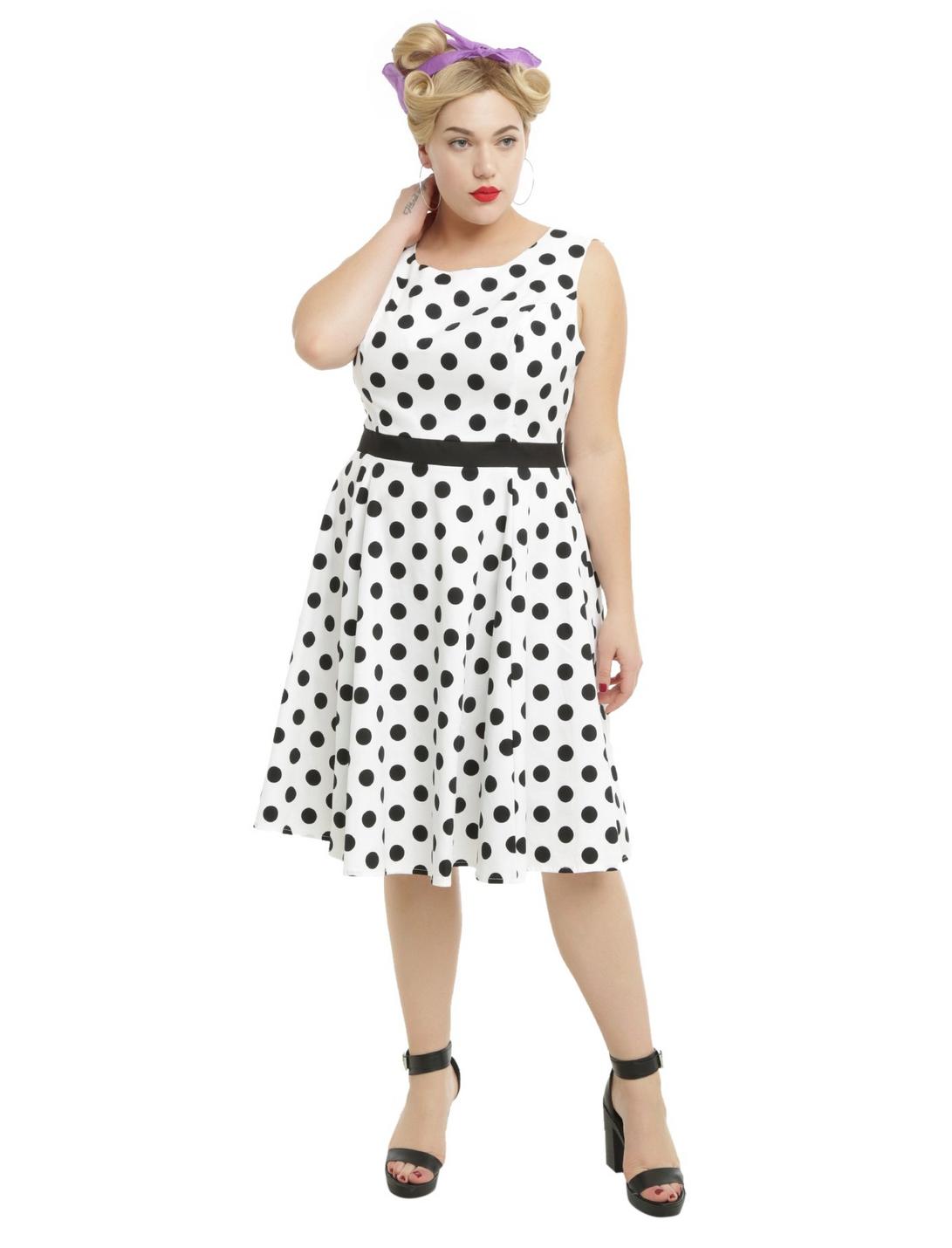 White & Black Polka Dots Swing Dress Plus Size, WHITE, hi-res