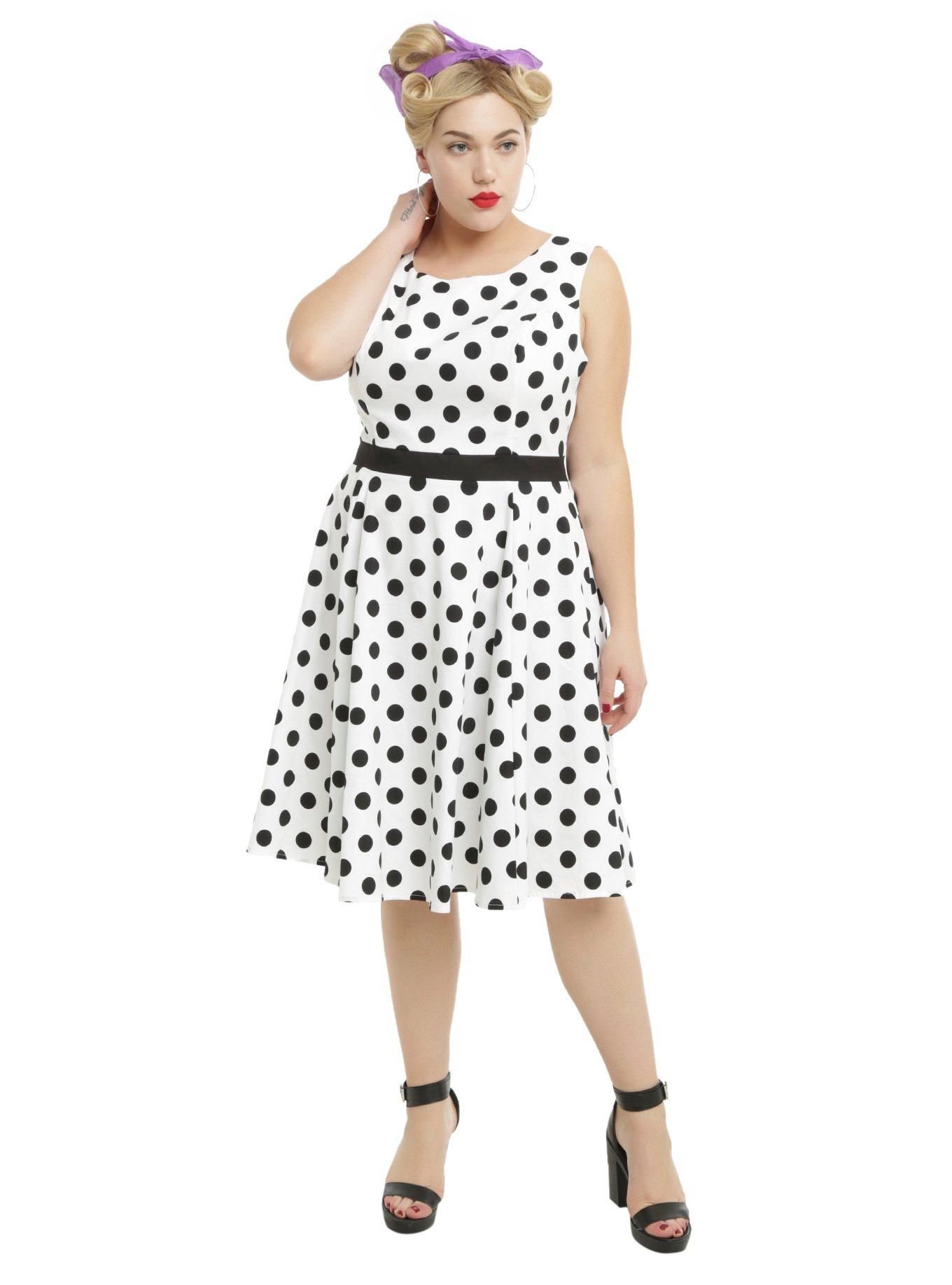 White & Black Polka Dots Swing Dress Plus Size, WHITE, hi-res