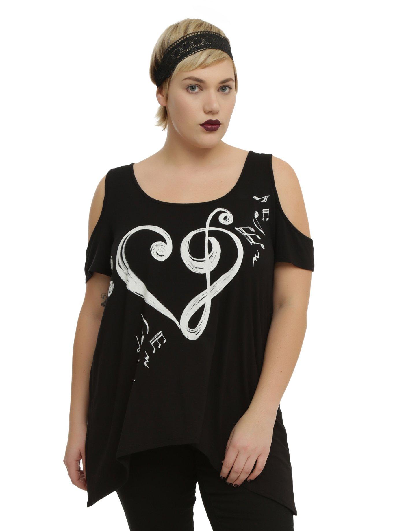 Music Notes Heart Cold Shoulder Top Plus Size | Hot Topic