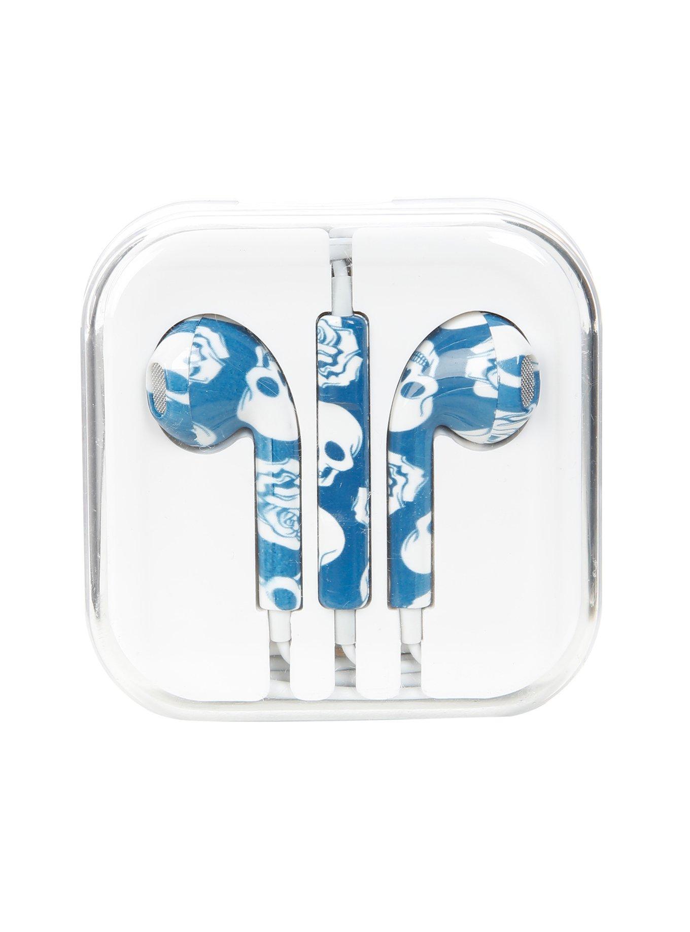 MiCase Blue Skull Floral Print Earbuds, , hi-res
