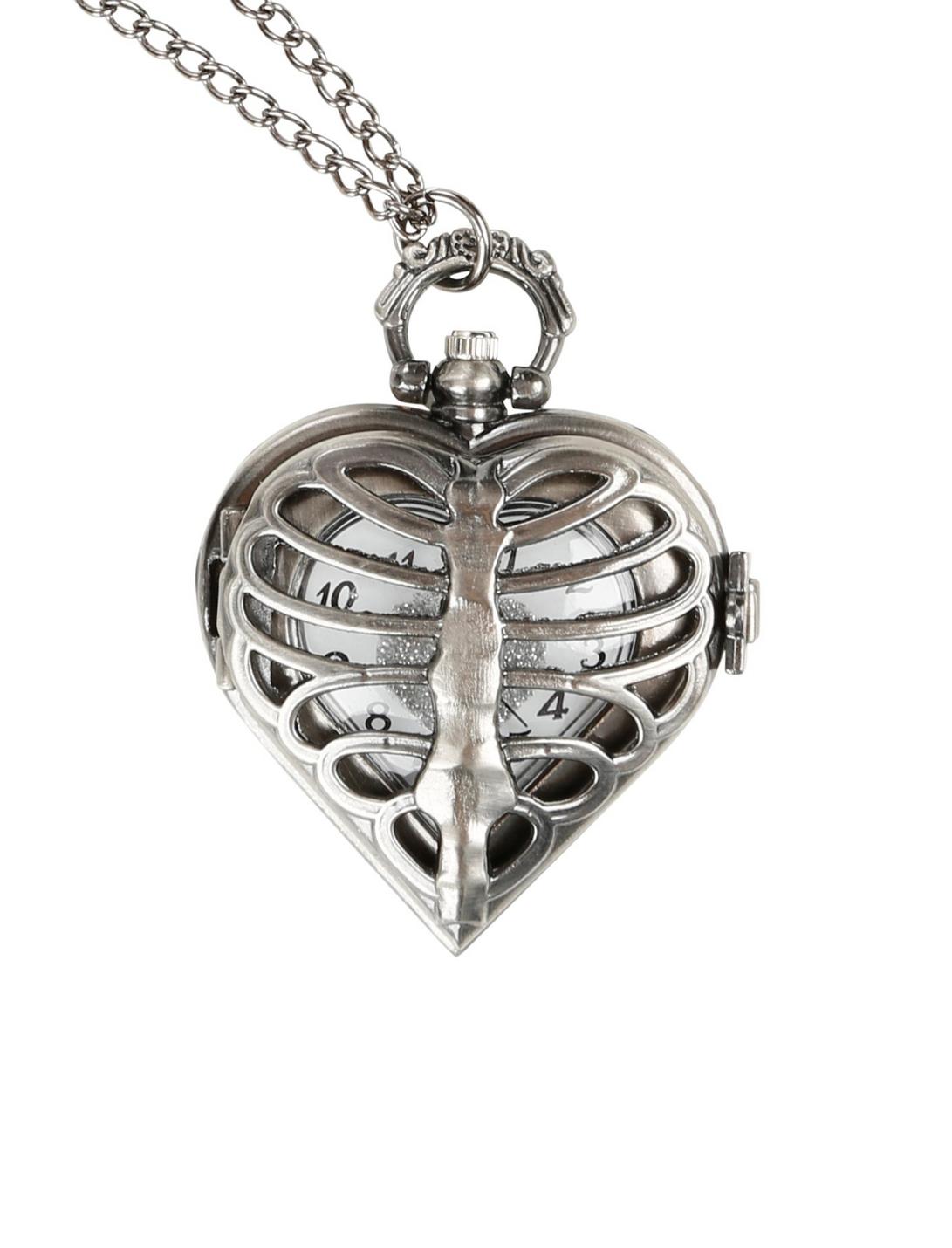 Burnished Silver Tone Heart Rib Cage Pocket Watch Necklace, , hi-res