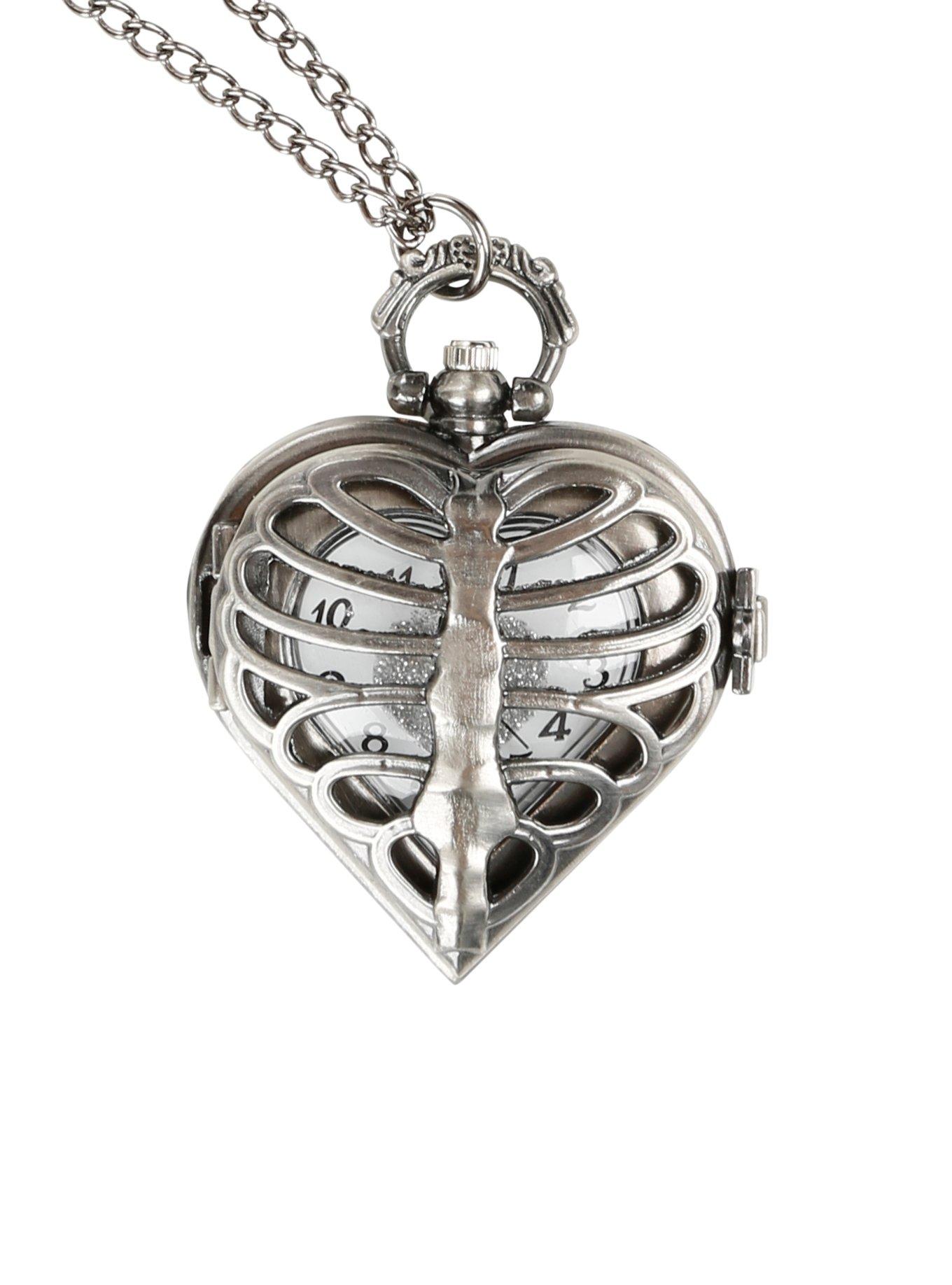 Burnished Silver Tone Heart Rib Cage Pocket Watch Necklace
