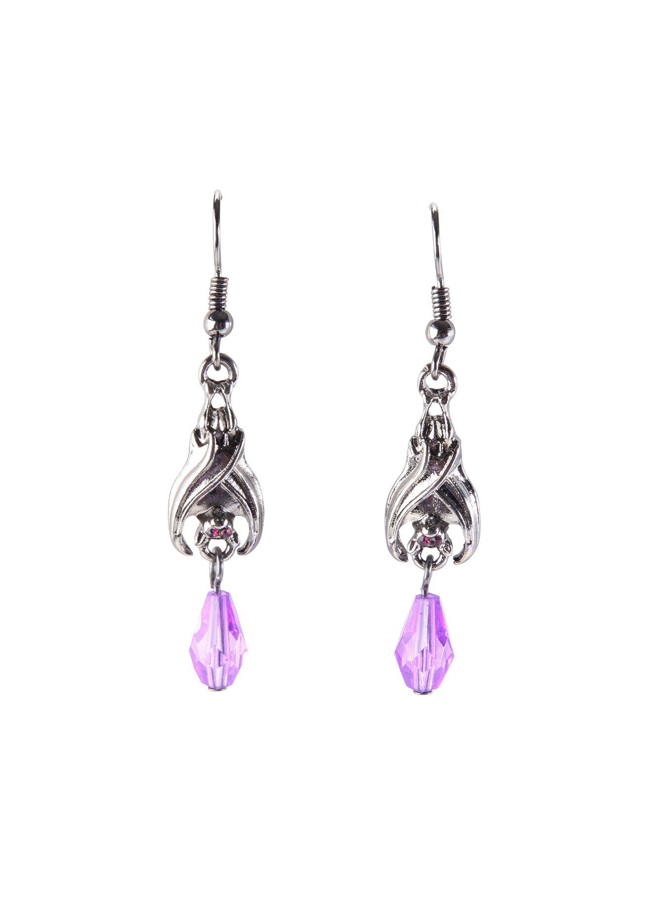 Hanging Bats Purple Bead Drop Earrings, , hi-res