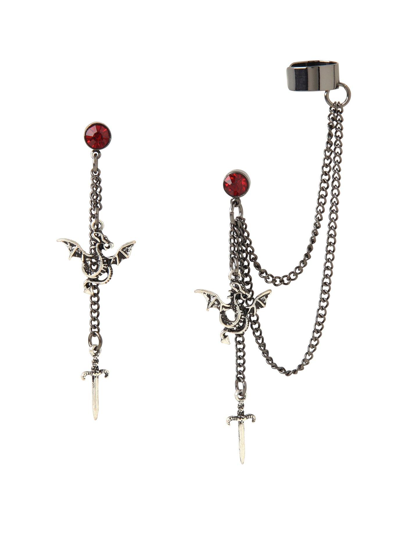 Sword And Dragon Drop Earring And Cuff Set, , hi-res